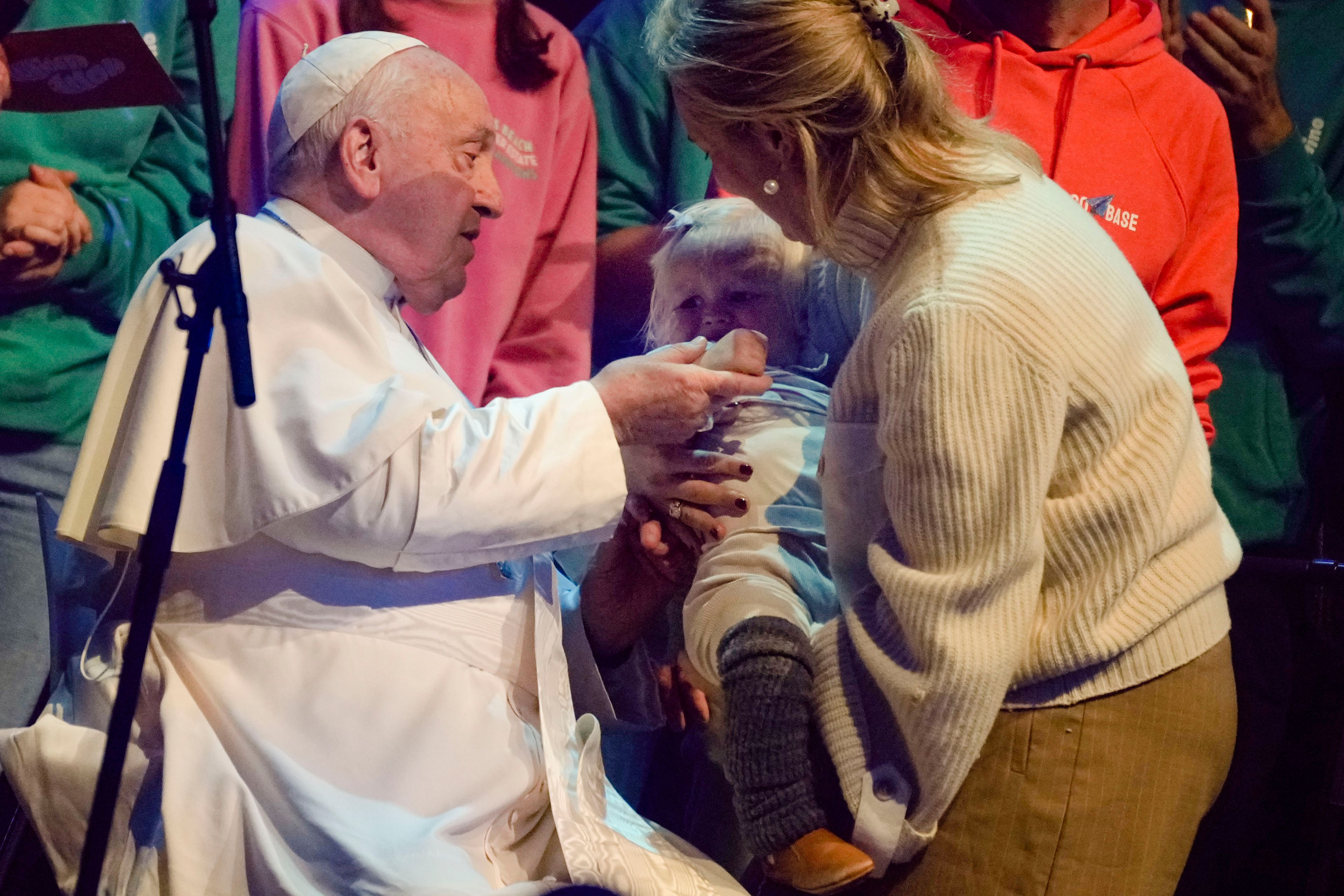 Pope Francis attends the Hope Happening youth festival at the Brussels Expo, Belgium, Saturday, Sept. 28, 2024, on the third day of his four-day visit to Luxembourg and Belgium. (AP Photo/Andrew Medichini)