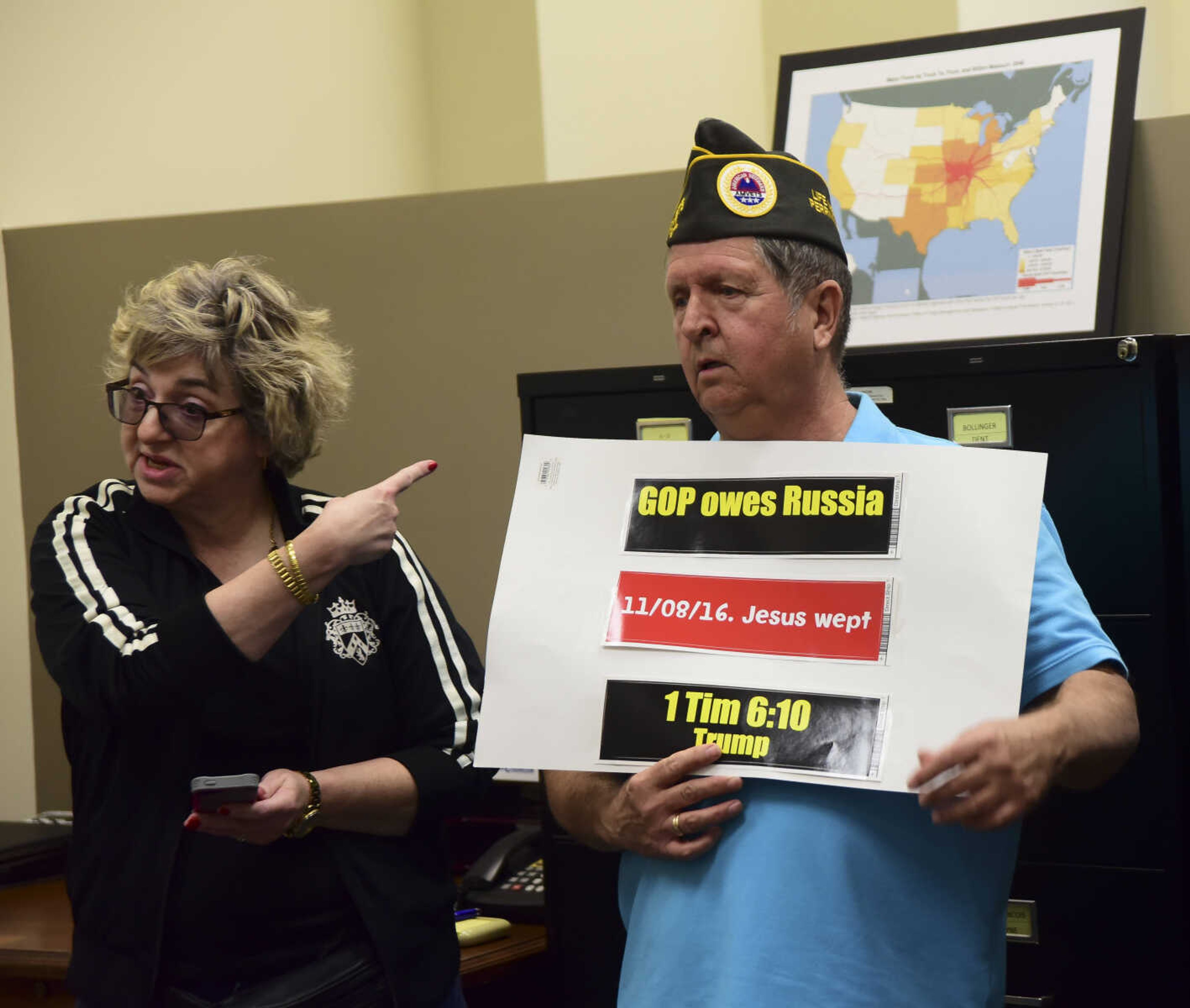 Roger Cahoon, right, from Wittenberg brings up concerns they have with District Director, Darren Lingle, Senator Roy Blunt in U.S. Sen. Roy Blunt's office Wednesday, Feb. 22, 2017 in Cape Girardeau. "I'm an independent, and no I am not paid to be here. I am here on my own." Cahoon said.