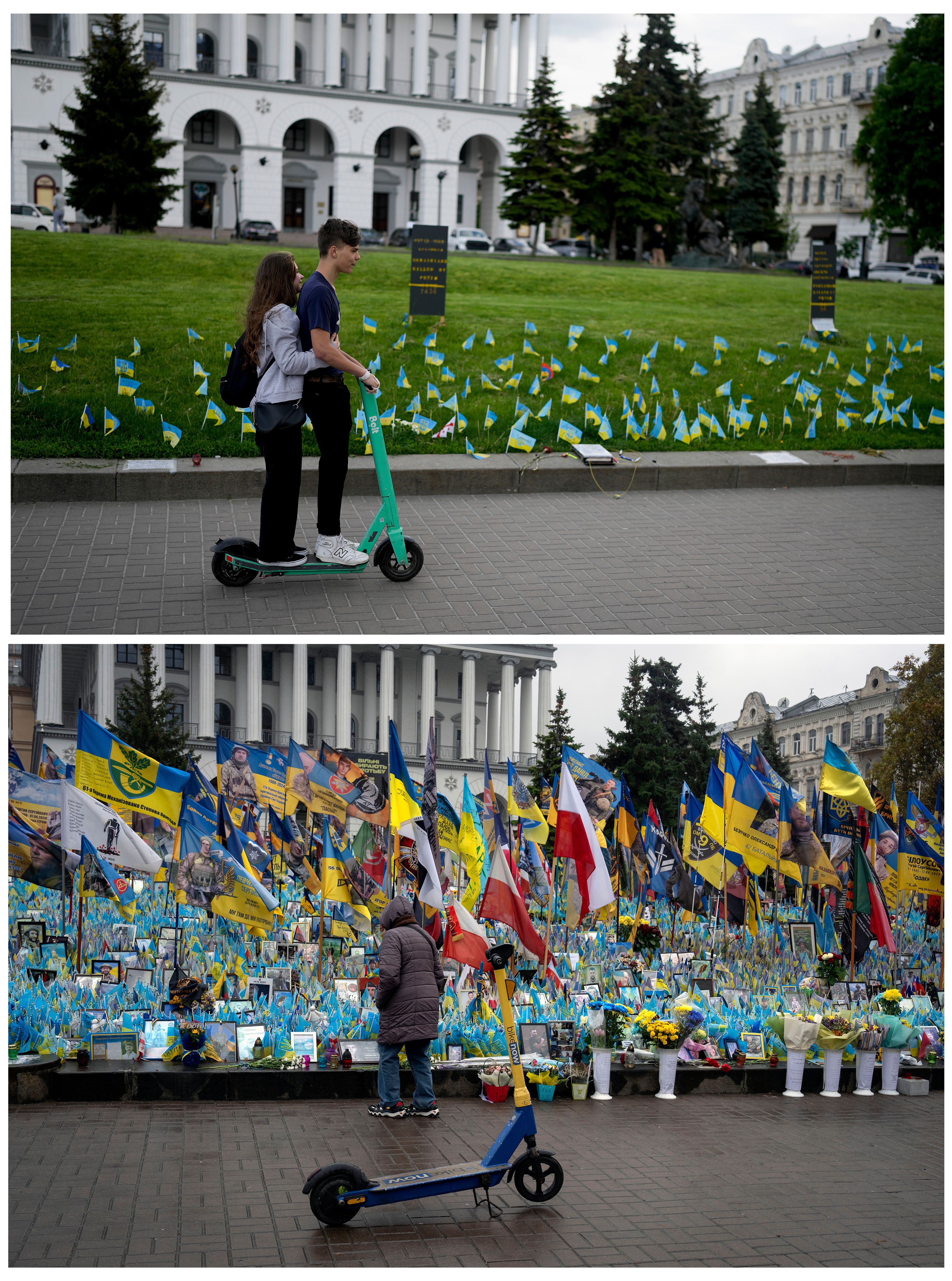 A makeshift memorial grows in Ukraine’s capital after 1,000 days of war