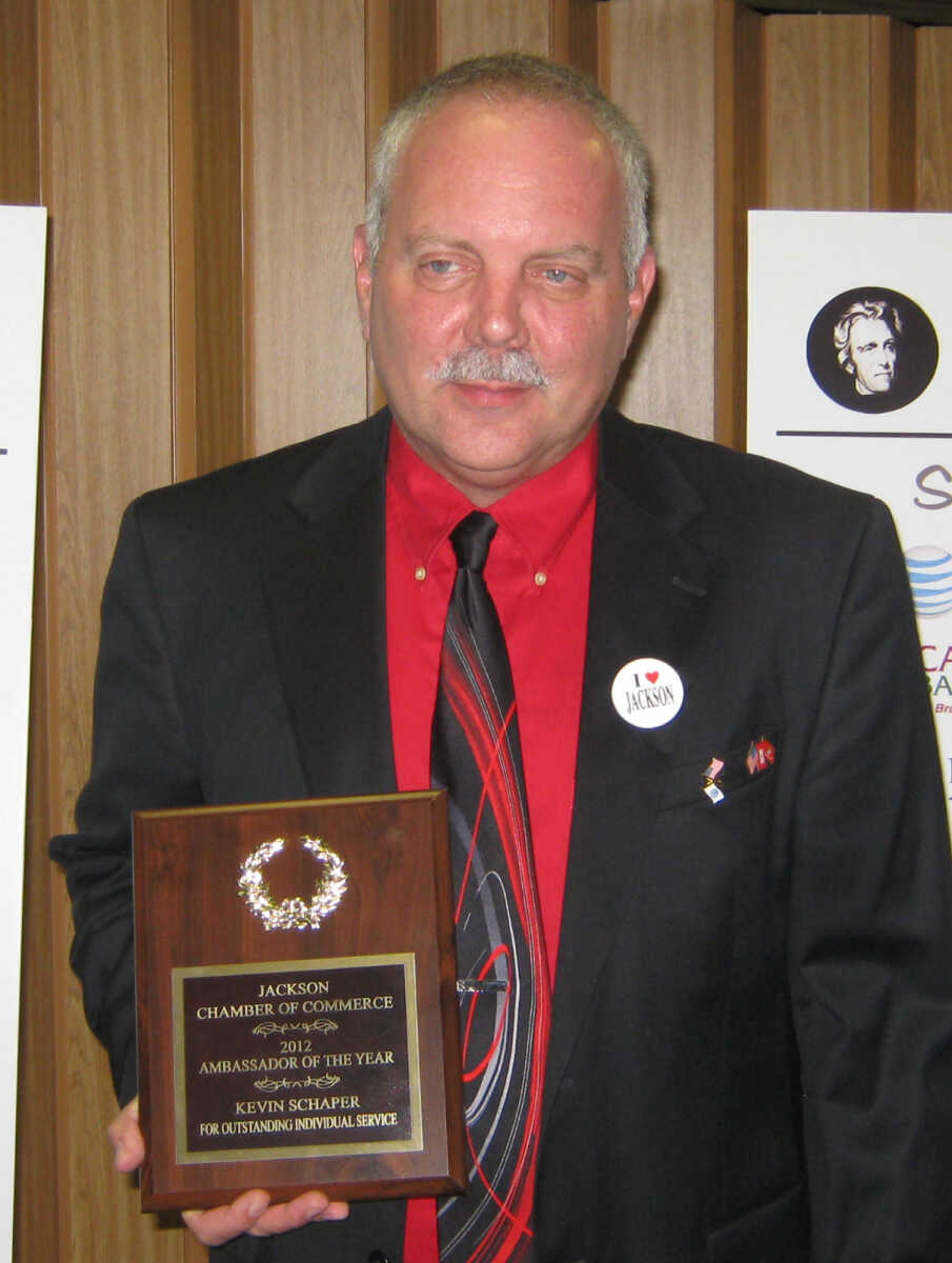 Kevin Schaper receives the Ambassador of the Year award, Jan. 11, at the Jackson Area Chamber of Commerce annual awards banquet at the Knights of Columbus Hall in Jackson, Mo.