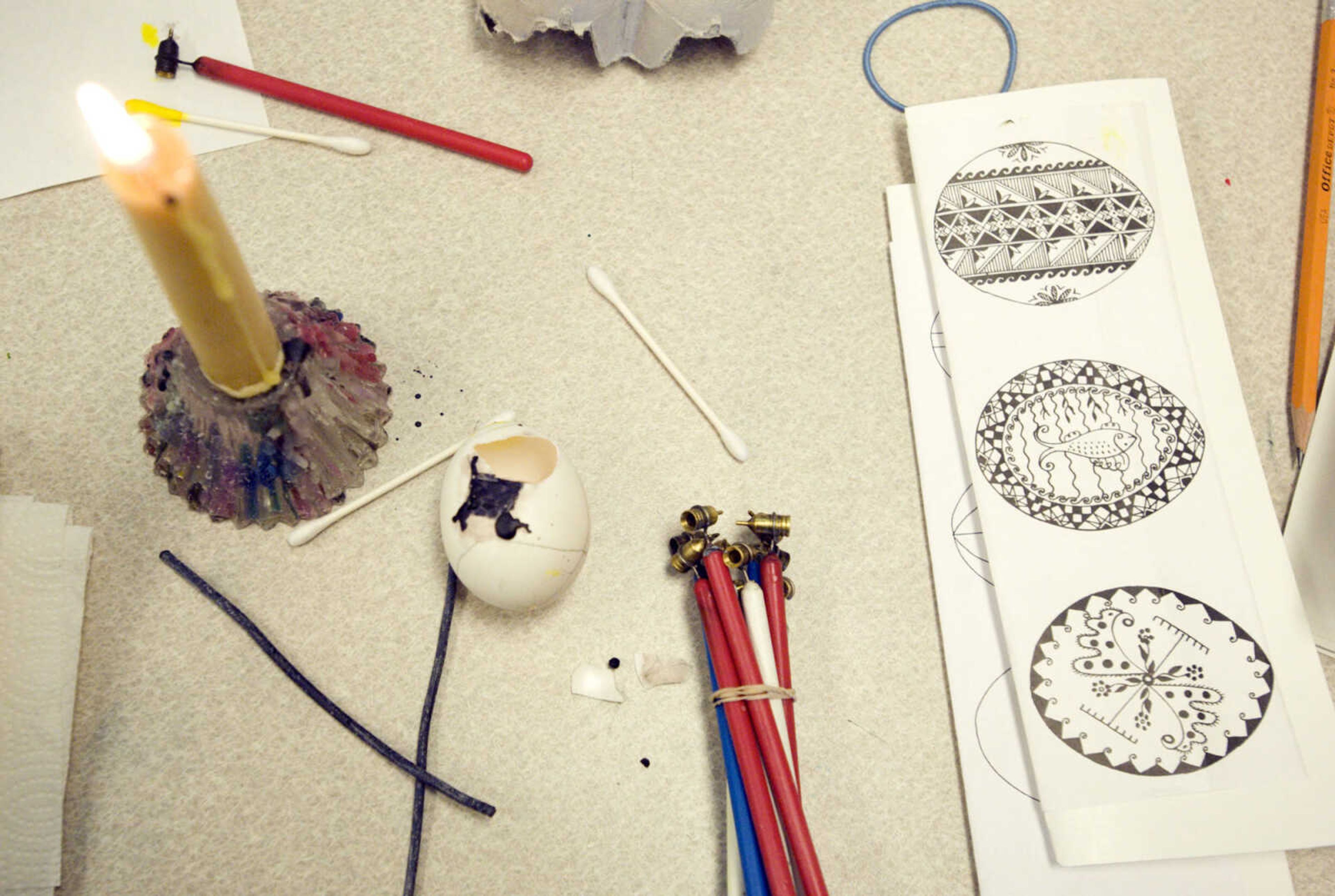 LAURA SIMON ~ lsimon@semissourian.com
Tools used in the creation of Ukrainian egg art rest on the table Tuesday, March 19, 2013 during the Wonderful World of Pysanky workshop at Southeast Missouri State University's River Campus.