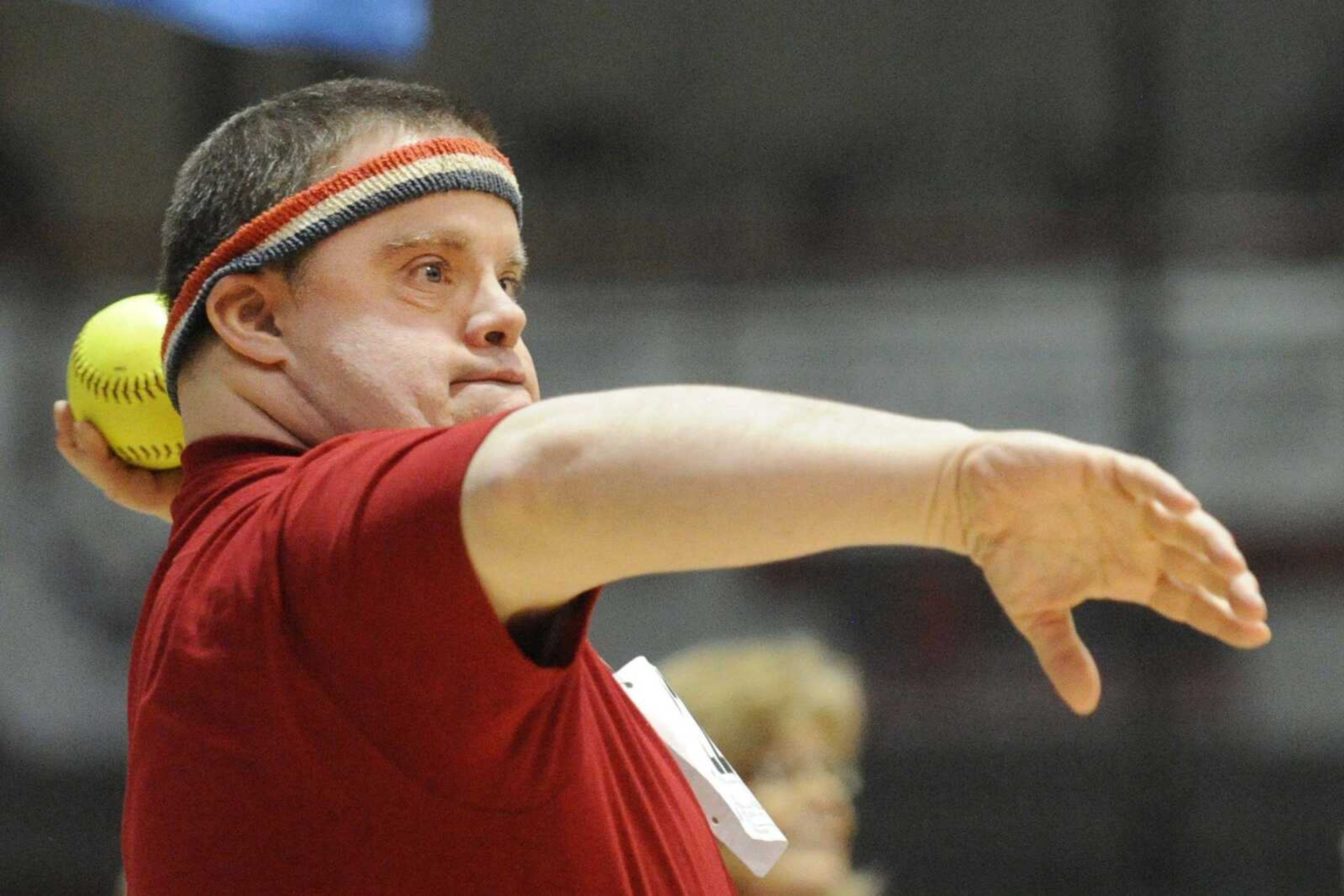 Brian Austin competes in the softball throw event during the Missouri Special Olympics Southeast Area Spring Games Saturday, April 11, 2015 at the Student Recreation Center of Southeast Missouri State University. (Glenn Landberg)