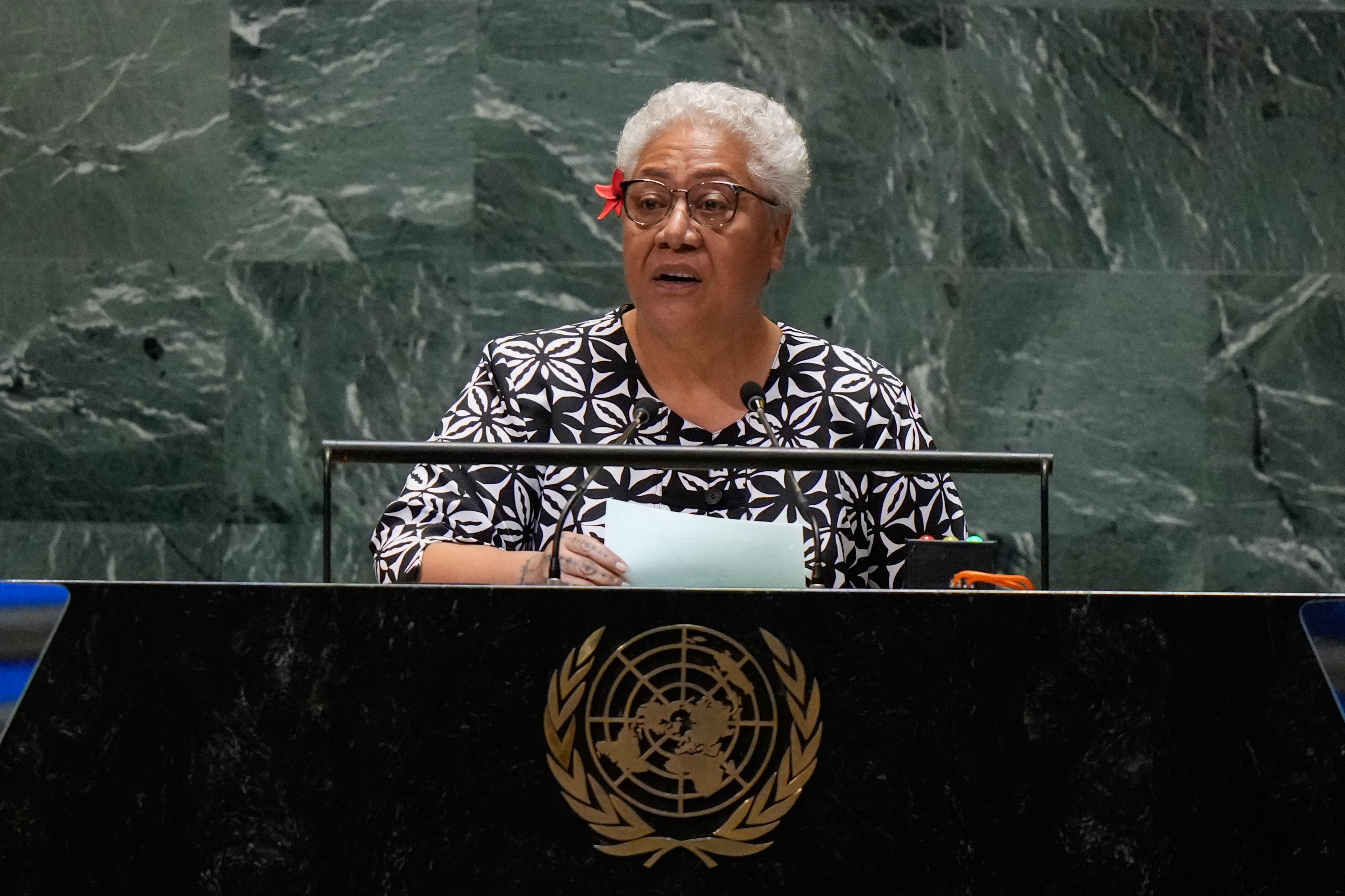 Samoa's Prime Minister Fiame Naomi Mata'afa speaks to the United Nations General Assembly during Summit of the Future, Sunday, Sept. 22, 2024 at U.N. headquarters. (AP Photo/Frank Franklin II)