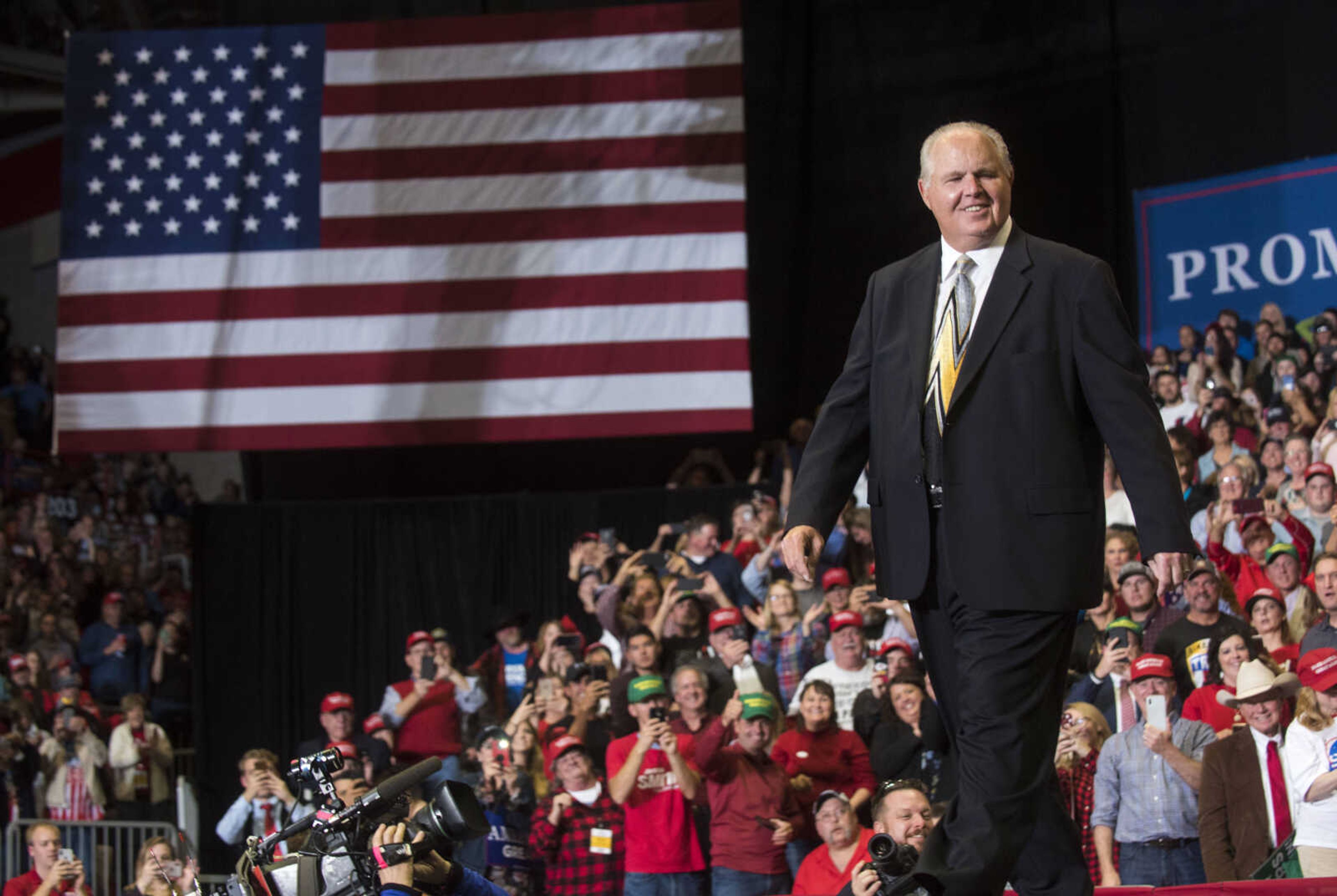 Radio personality and Cape Girardeau native Rush Limbaugh takes the stage to introduce President Donald Trump during a Make America Great Again rally Nov. 5, 2018, at the Show Me Center.