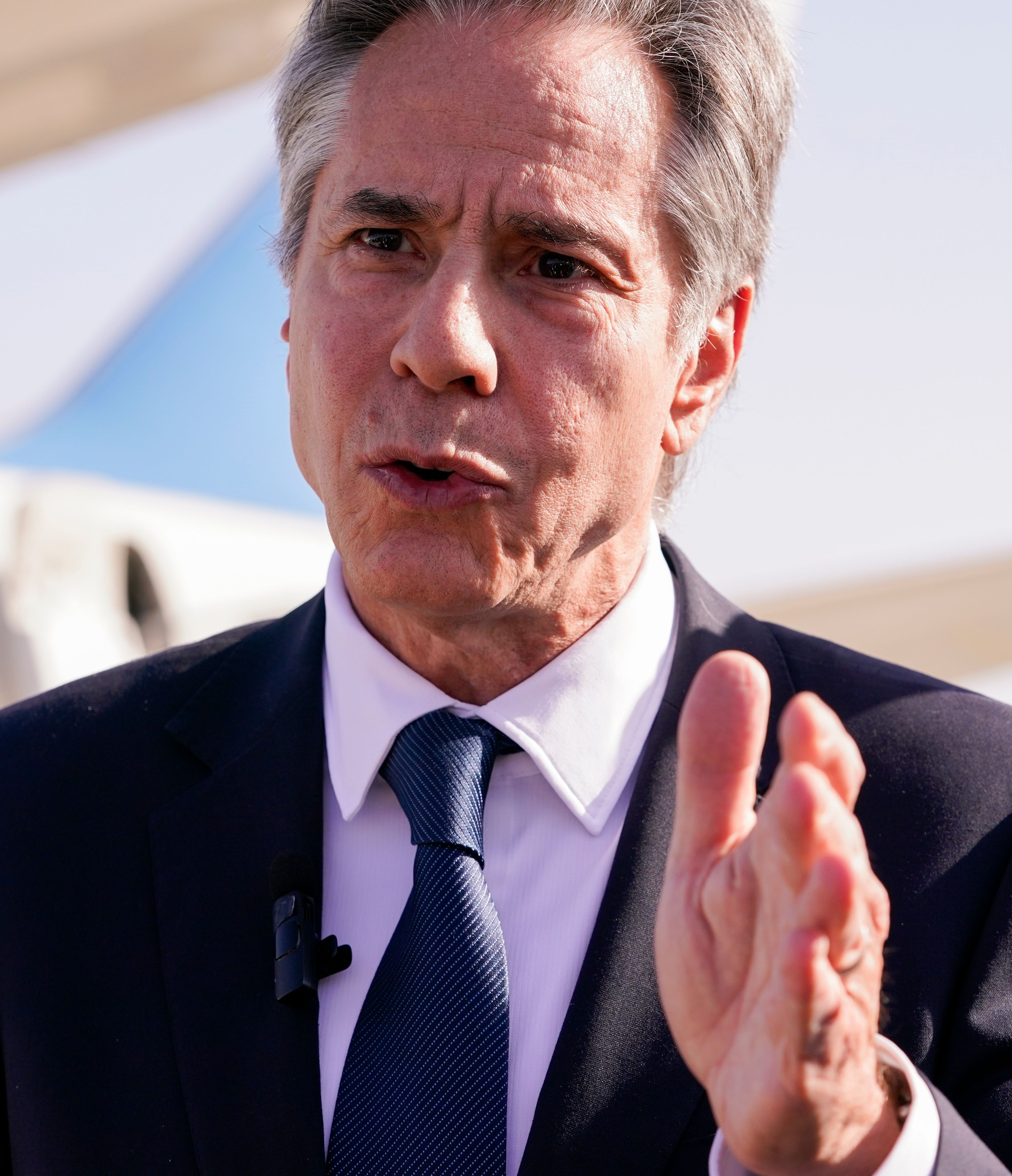 U.S. Secretary of State Antony Blinken speaks with members of the media as he arrives at Ben Gurion International Airport before departing for Riyadh, Saudi Arabia, in Tel Aviv, Israel, Wednesday, Oct. 23, 2024. (Nathan Howard/Pool Photo via AP)