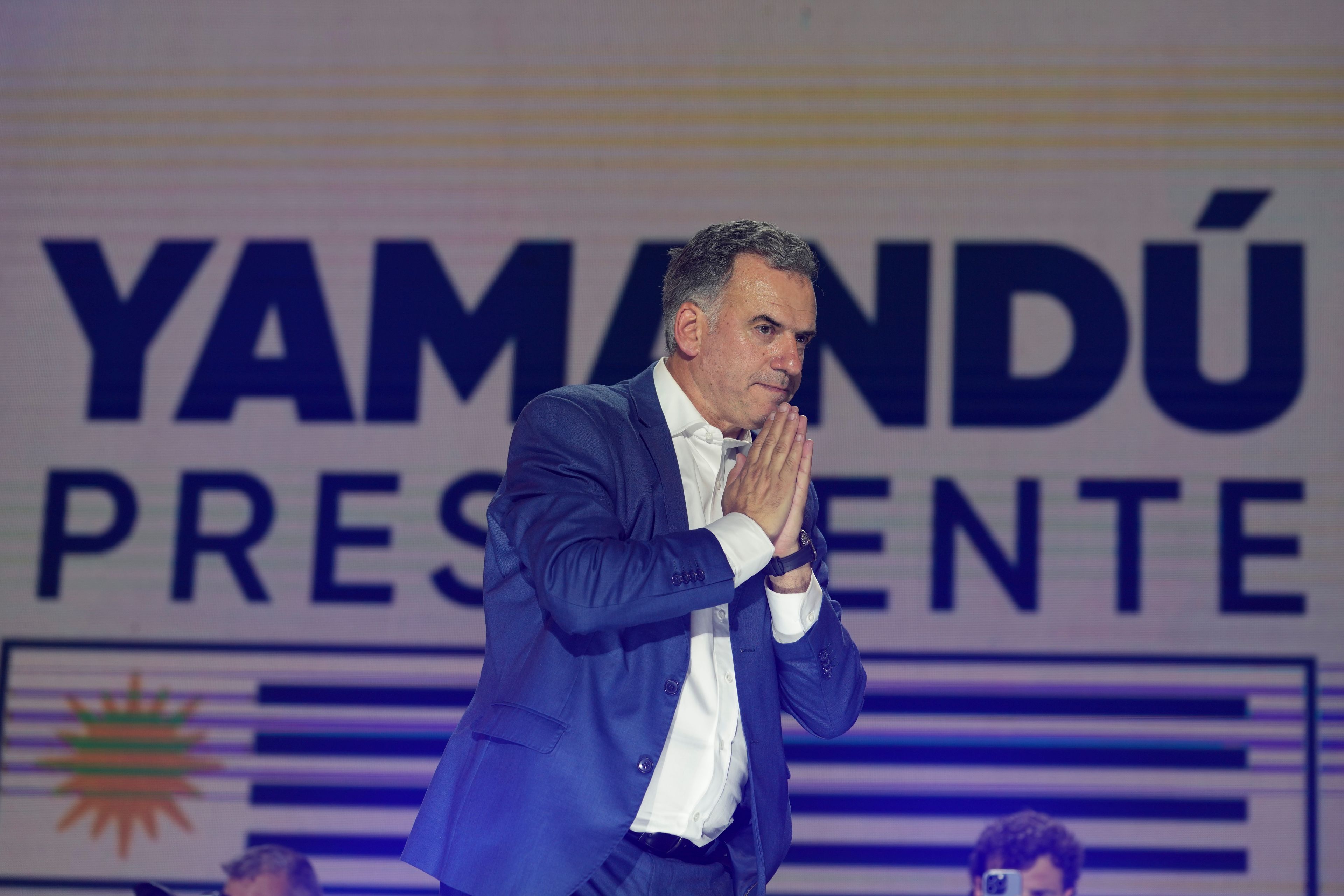 Yamandu Orsi, candidate for the Broad Front (Frente Amplio), addresses supporters after winning the presidential run-off election in Montevideo, Uruguay, Sunday, Nov. 24, 2024. (AP Photo/Natacha Pisarenko)