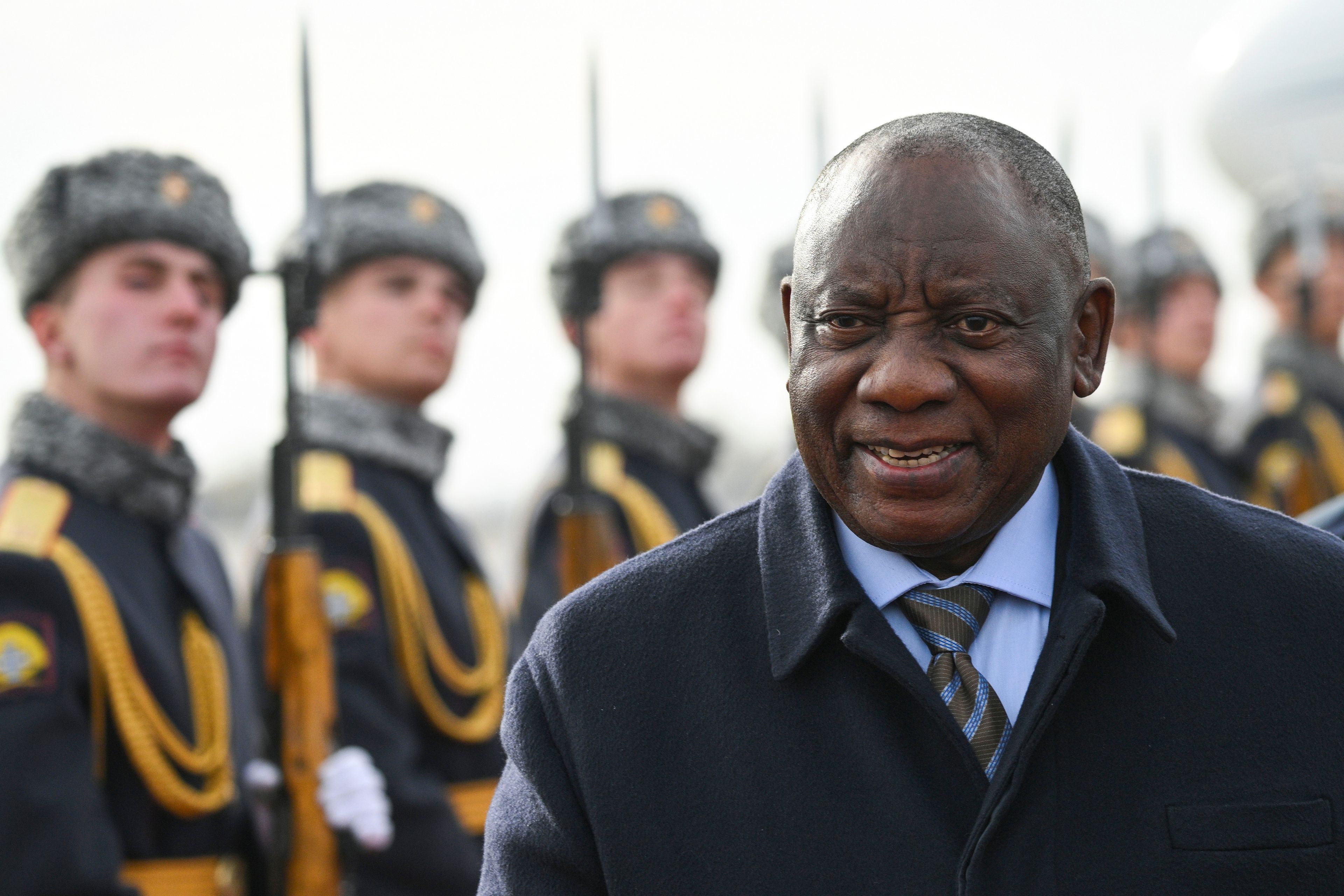 South African President Cyril Ramaphosa arrives at Kazan International Airport prior to the BRICS summit in Kazan, Russia, Tuesday, Oct. 22, 2024. (Kirill Zykov/Photo host brics-russia2024.ru via AP)