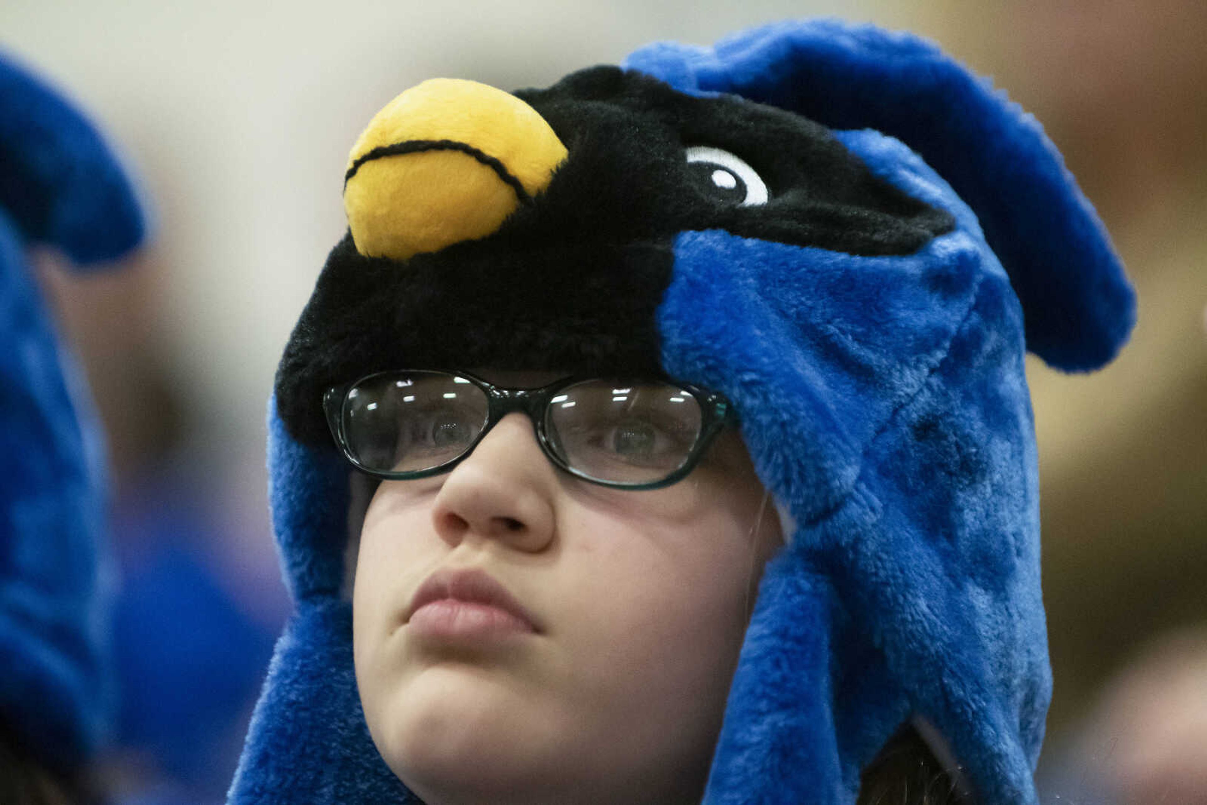 Abby Koern of Oak Ridge, 13, sports a blue jay hat while supporting the team during the BlueJays' 65-59 victory over Chaffee on Friday, Jan. 18, 2019, in Oak Ridge.