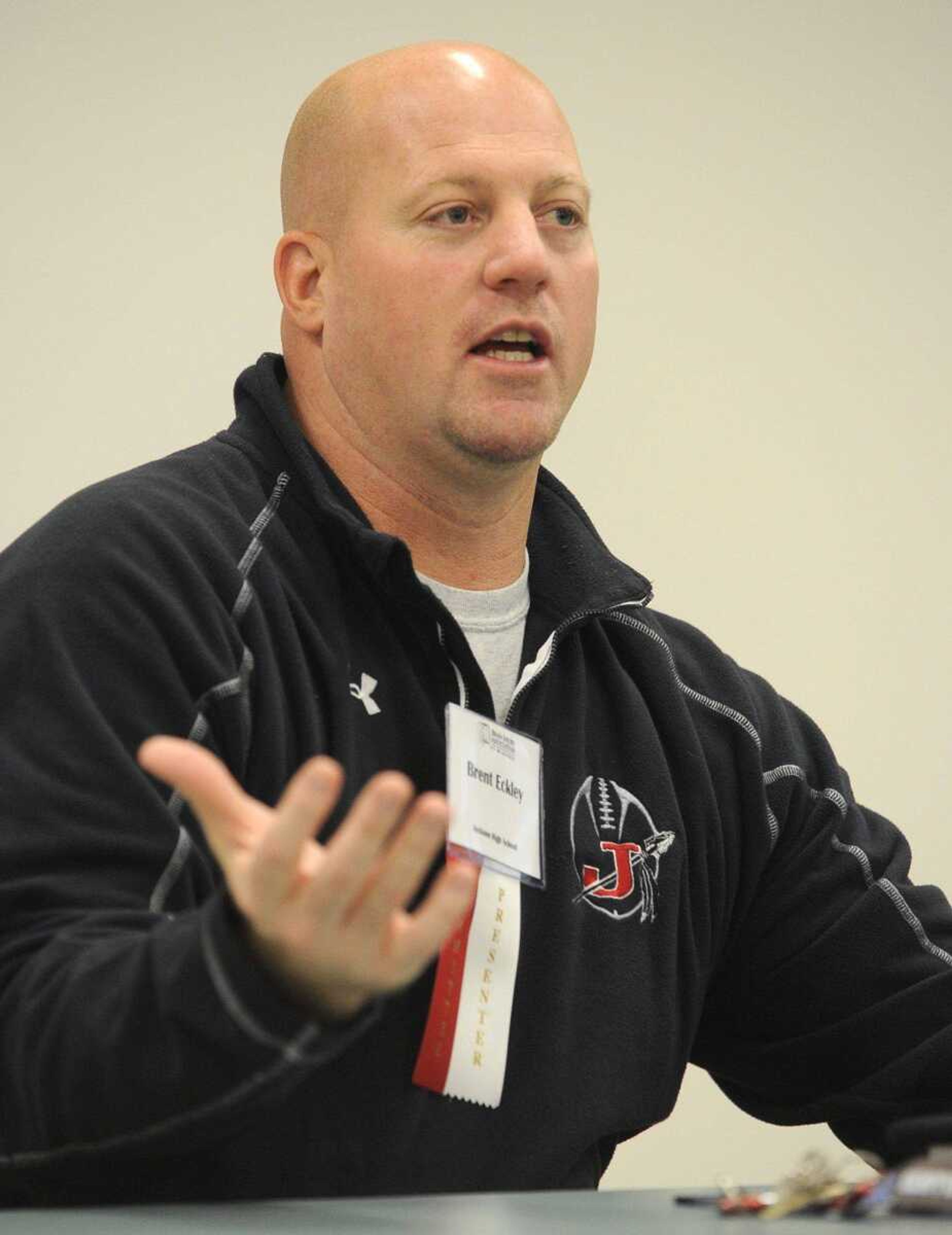 Jackson football coach Brent Eckley answers a question Wednesday during a concussion seminar at the Osage Centre in Cape Girardeau. (Fred Lynch)