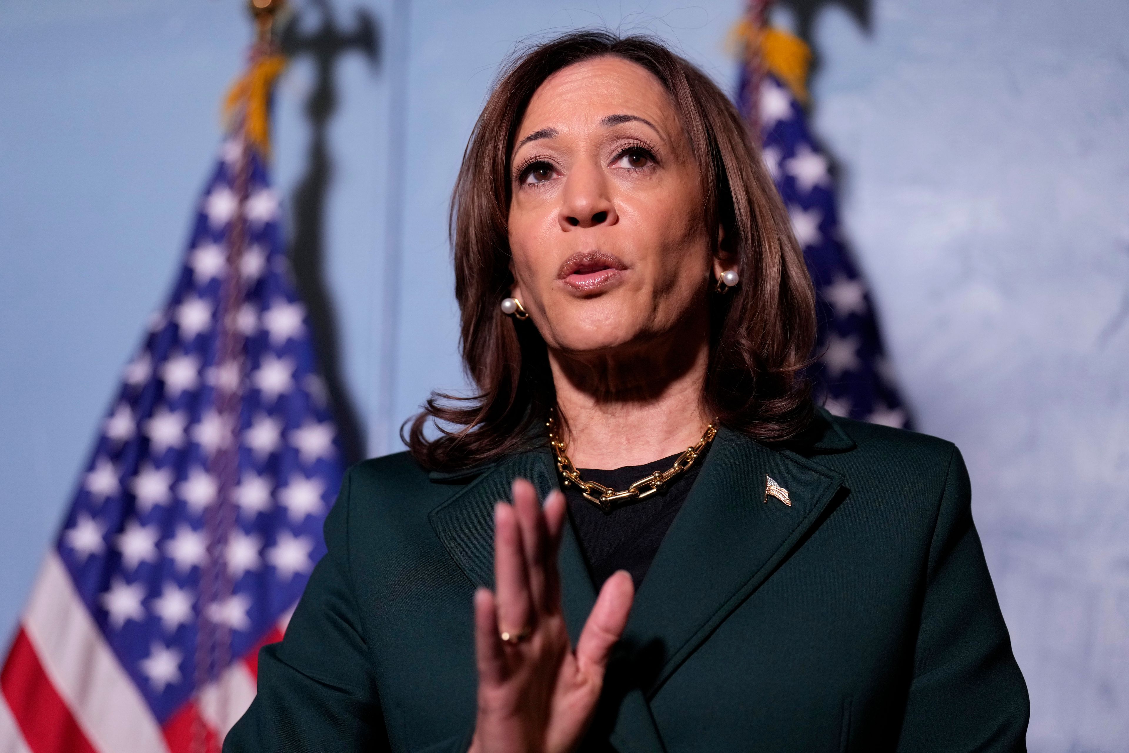 Democratic presidential nominee Vice President Kamala Harris speaks with reporters before a town hall at the Royal Oak Theatre in Royal Oak, Mich., Monday, Oct. 21, 2024. (AP Photo/Jacquelyn Martin)