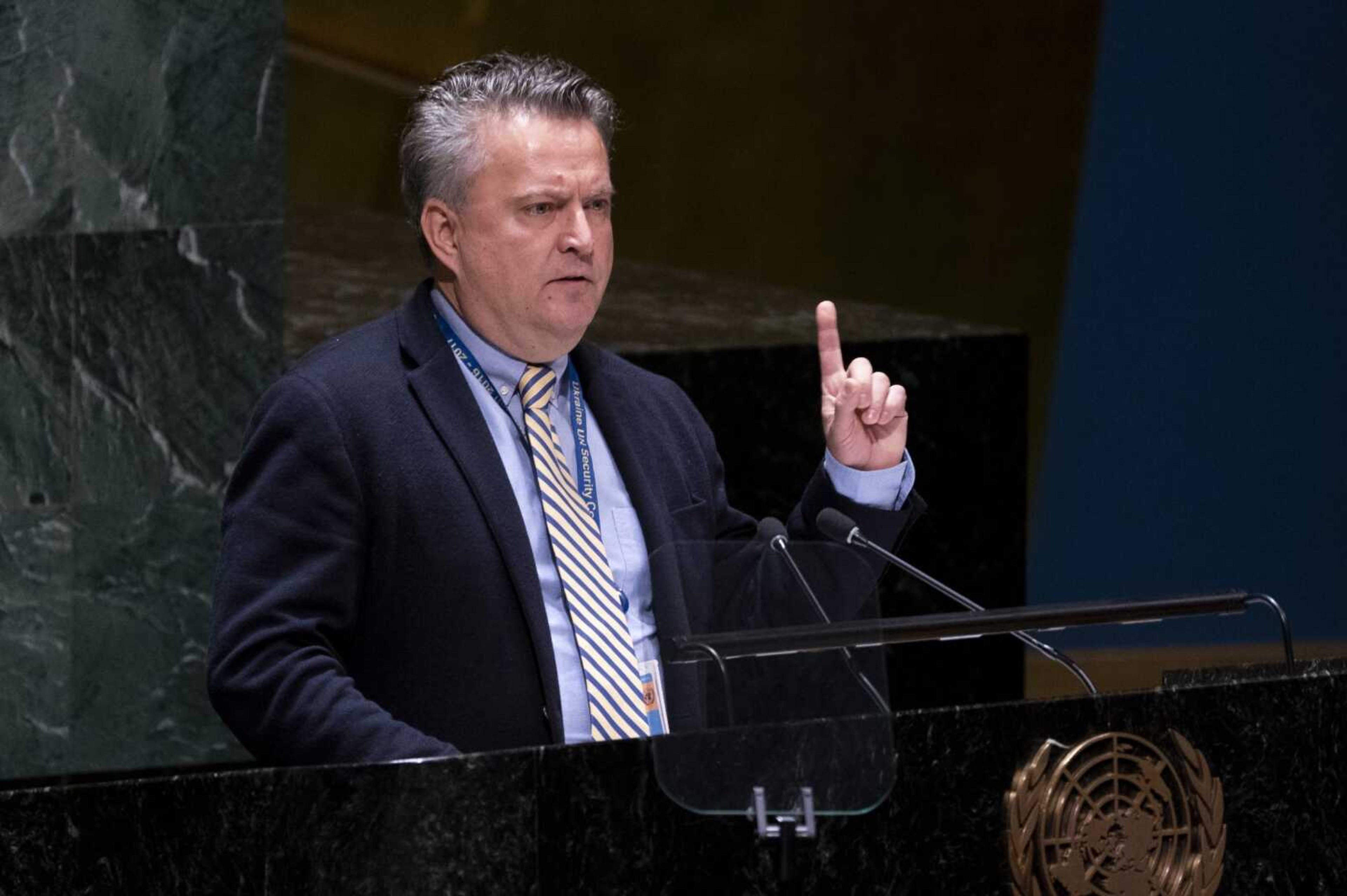 Sergiy Kyslytsya, permanent representative of Ukraine to the United Nations, speaks during a meeting of the United Nations General Assembly Thursday at United Nations headquarters.