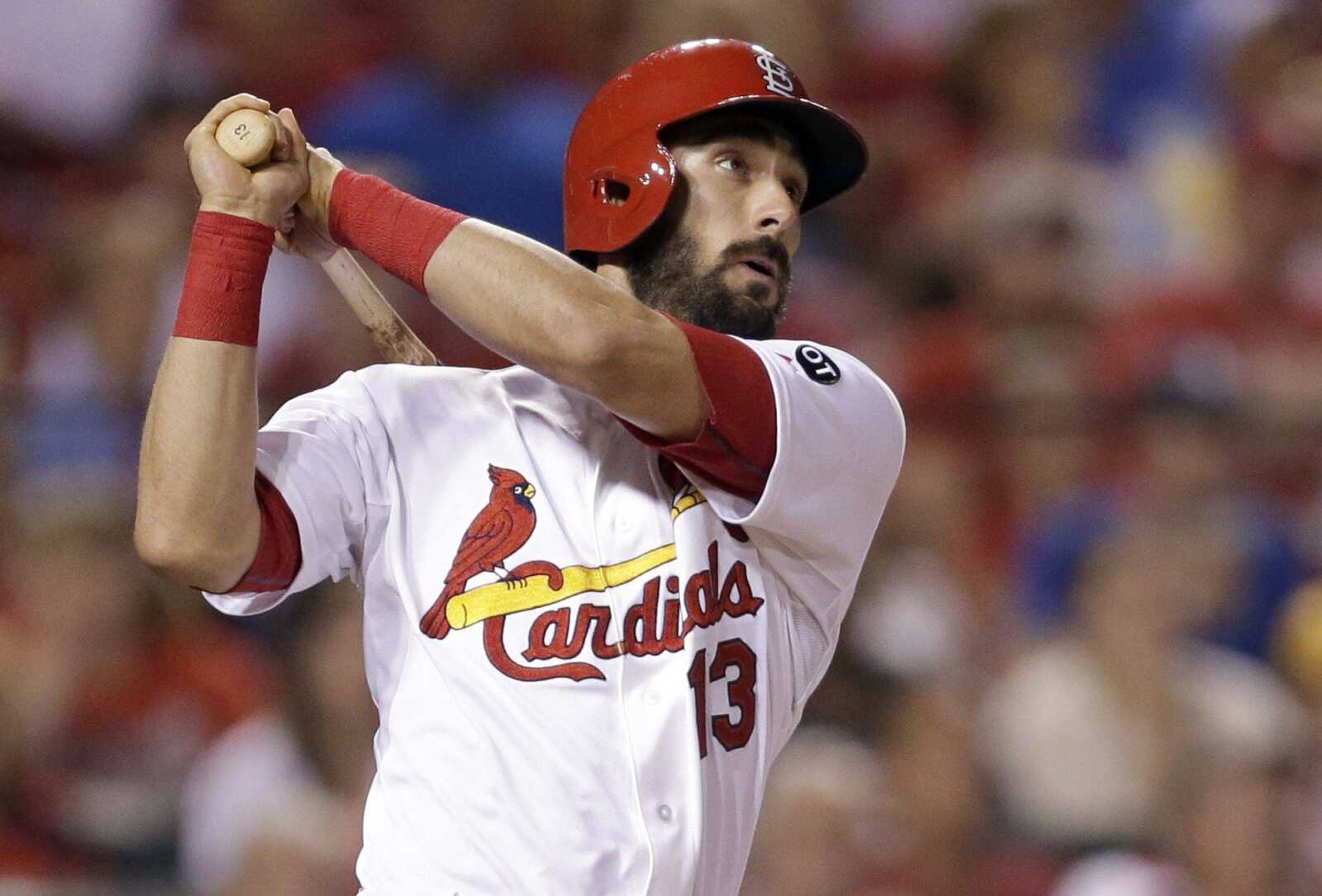 St. Louis Cardinals  Matt Carpenter watches his three-run home run during the fifth inning of a baseball game against the Chicago Cubs Tuesday, May 5, 2015, in St. Louis. (AP Photo/Jeff Roberson)