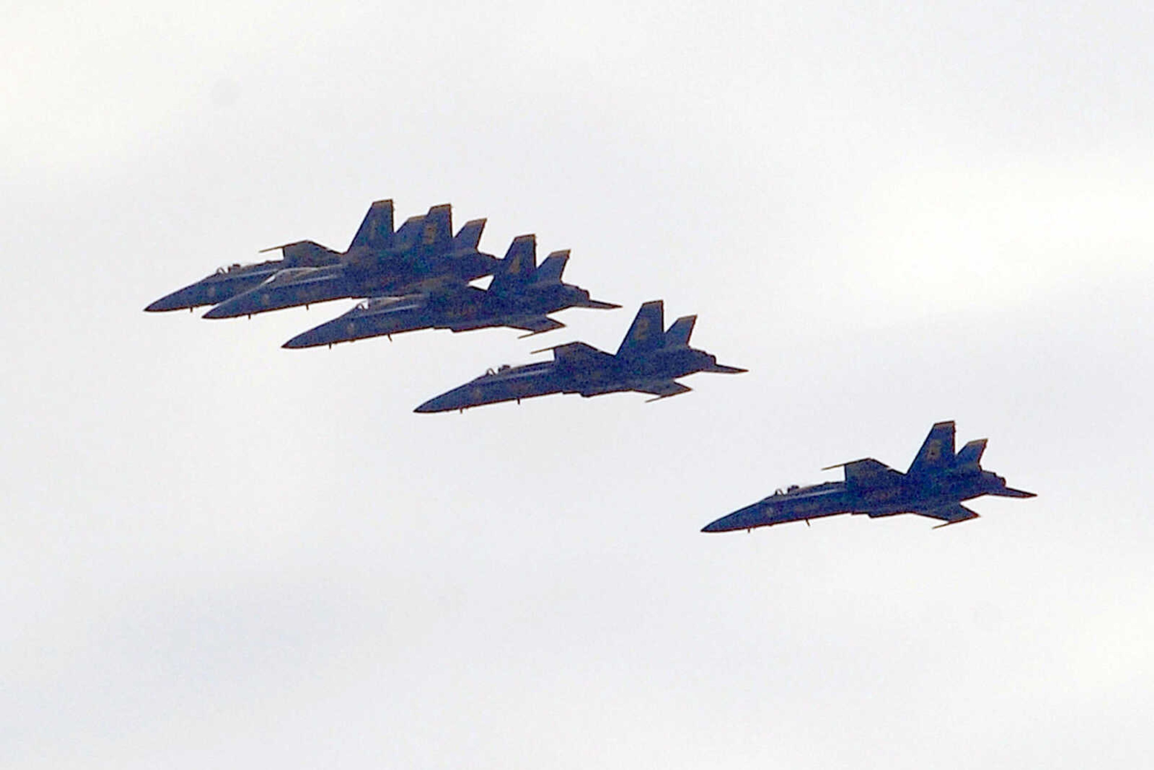 The Blue Angels fly over the Benton, Mo. area on their way to the Cape Girardeau Regional Airport Thursday afternoon, June 17, 2010 in advance of their performance at the Cape Girardeau Regional Air Festival this weekend. The pilots of the F/A-18 Hornets later practiced maneuvers over the area and above south Cape Girardeau. (Fred Lynch)