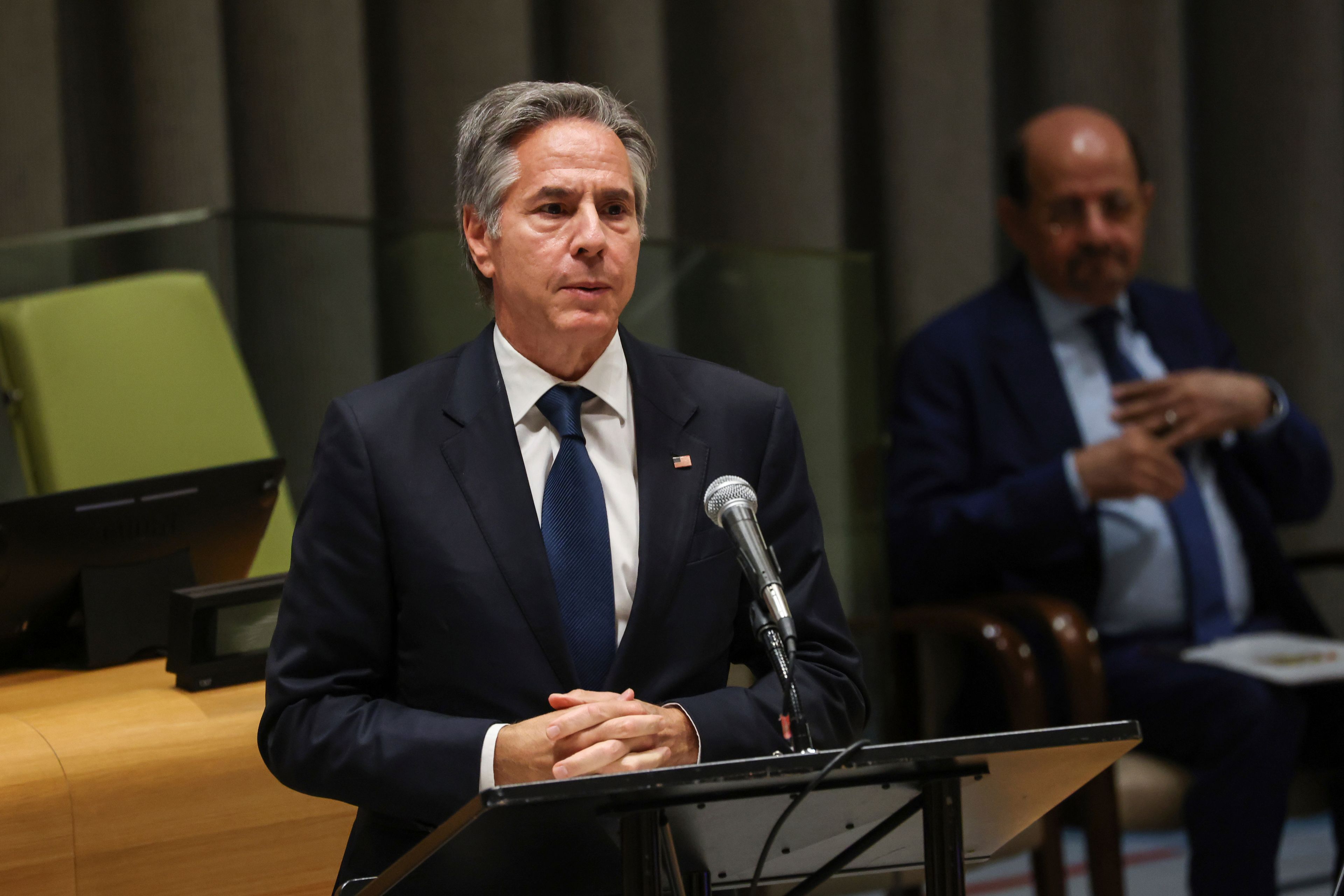 U.S. Secretary of State Antony Blinken speaks during the High-Level Meeting on Addressing the Existential Threats Posed by Sea-Level Rise at the United NationsHeadquarters on Wednesday, Sept. 25, 2024. (Caitlin Ochs/Pool Photo via AP)