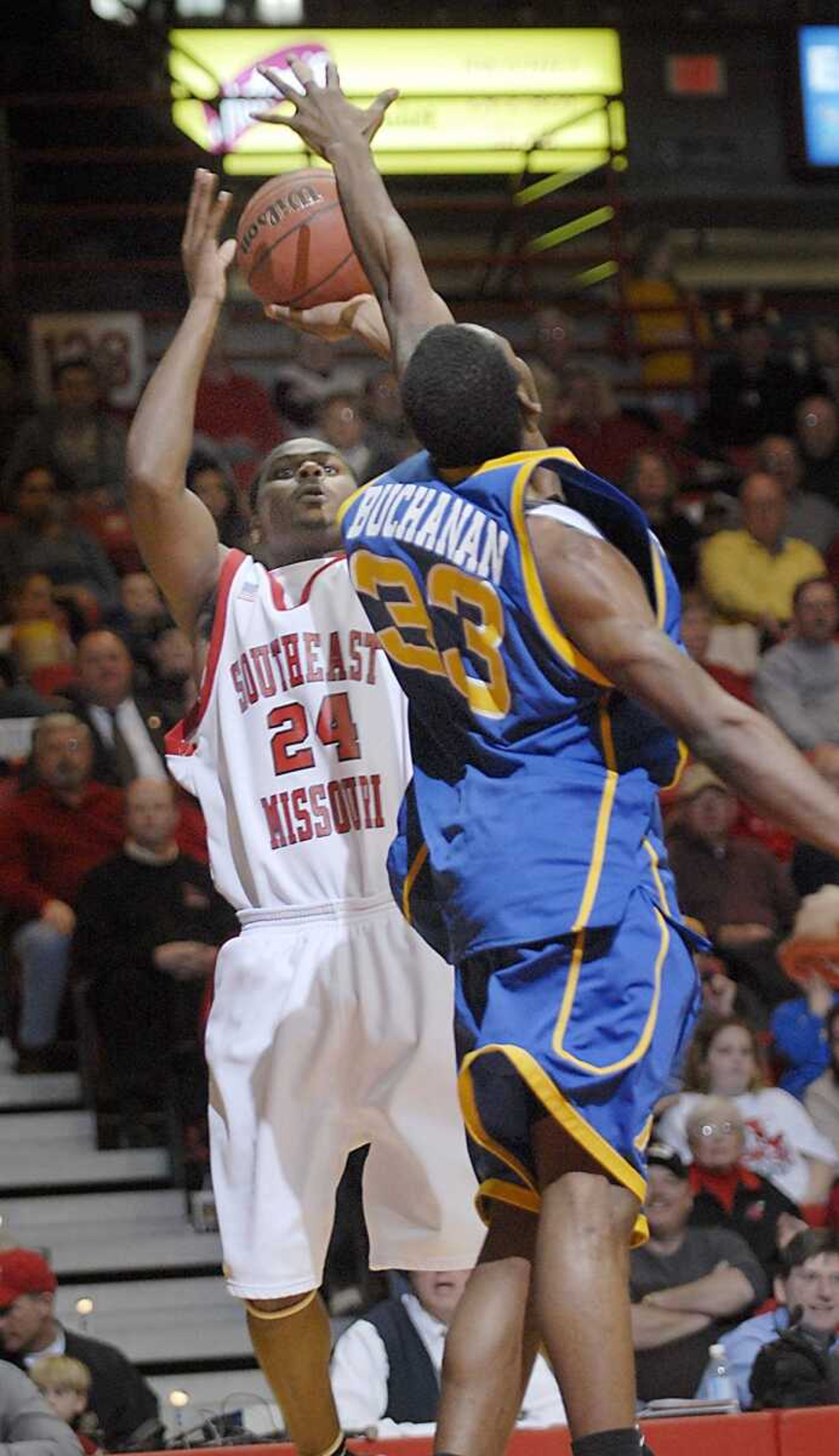 Southeast Missouri State's Johnny Hill shot against Morehead State earlier this season at the Show Me Center. (Kit Doyle)