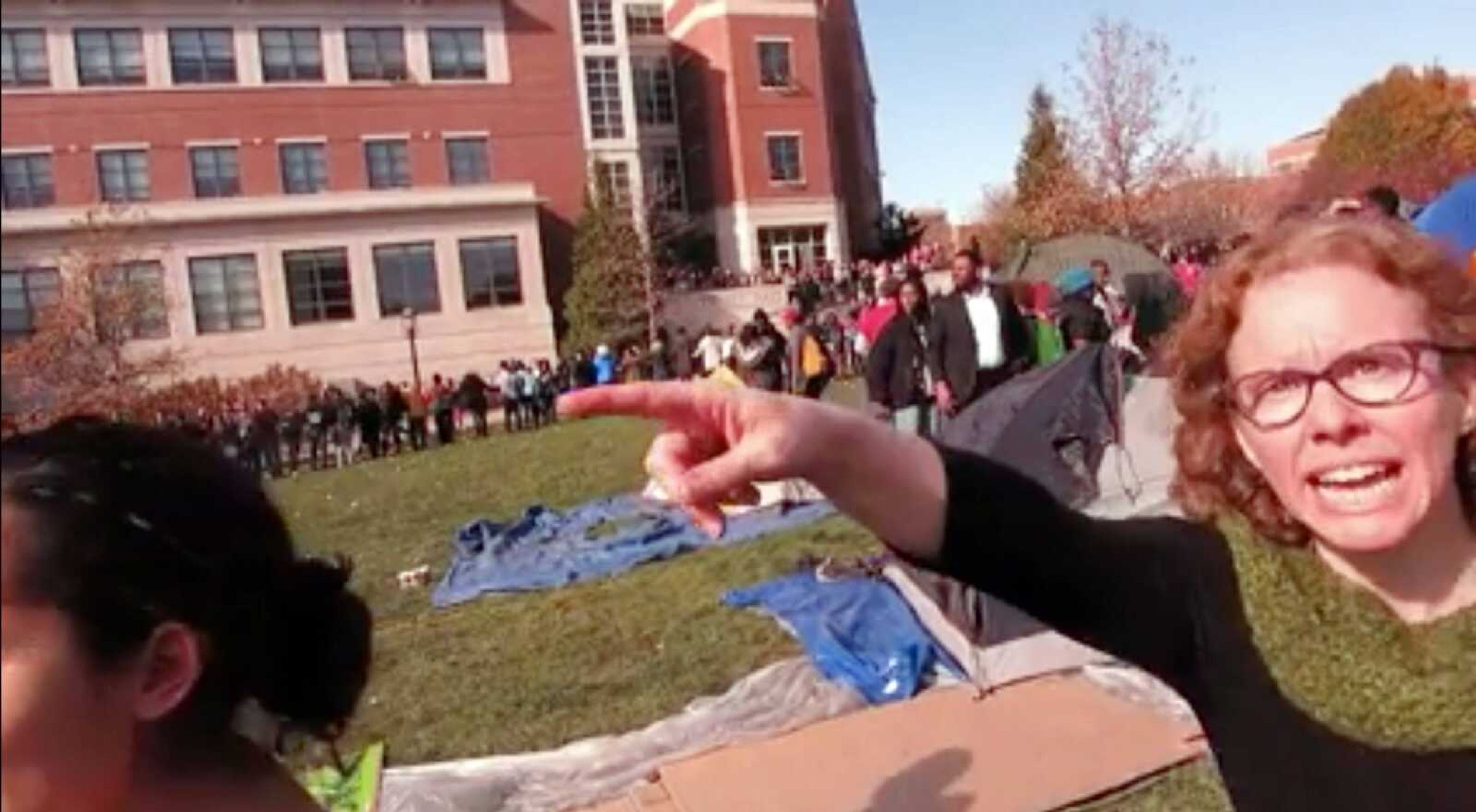 Melissa Click, an assistant professor in the University of Missouri, confronts student journalists at a campus protest Nov. 9 in Columbia, Missouri.