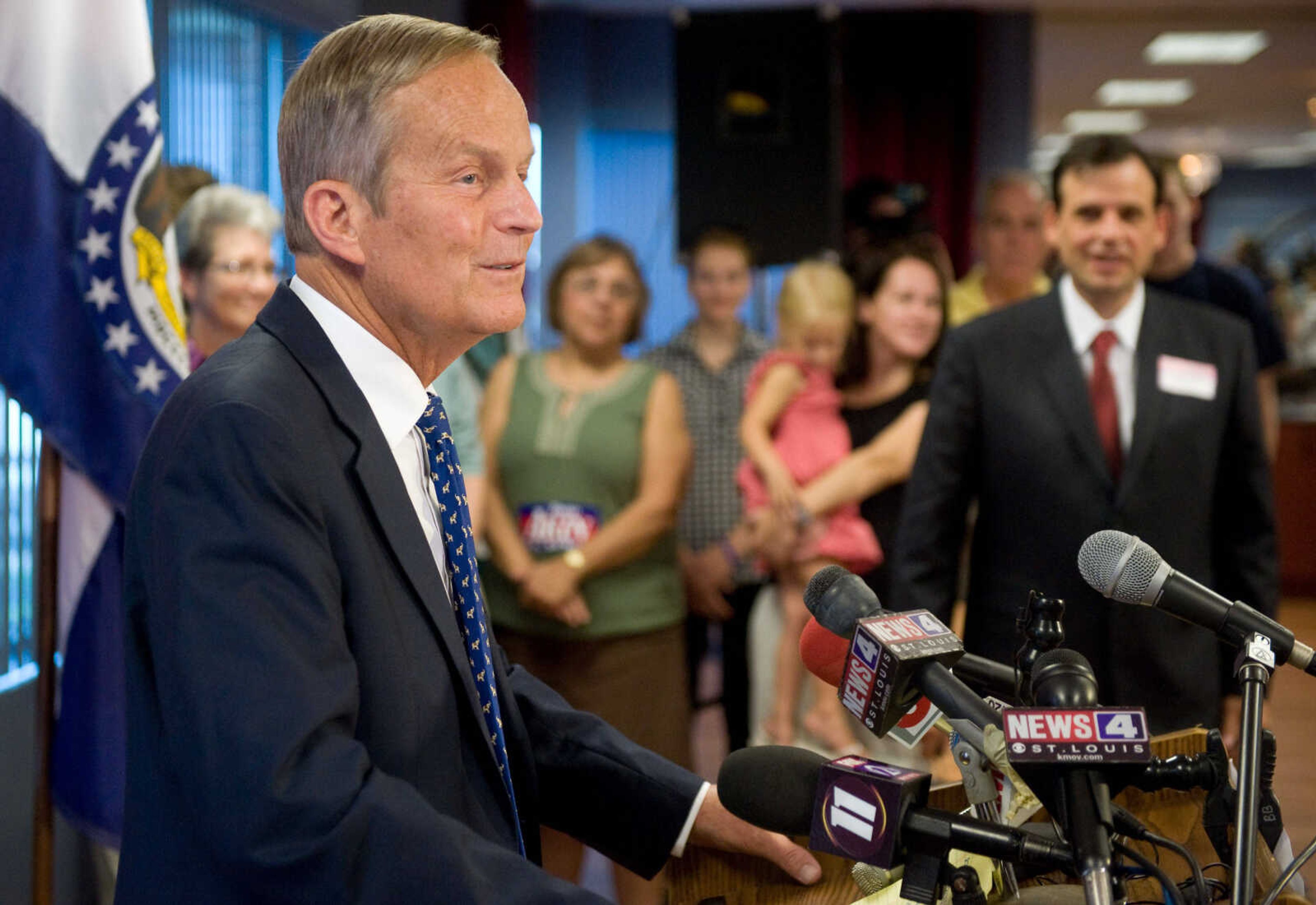 U.S. Rep. Todd Akin, R-Mo., appears at a news conference where he confirmed his plans to remain in Missouri's U.S. Senate race despite a political uproar over remarks he made about rape and pregnancy. (AP Photo/Sid Hastings)