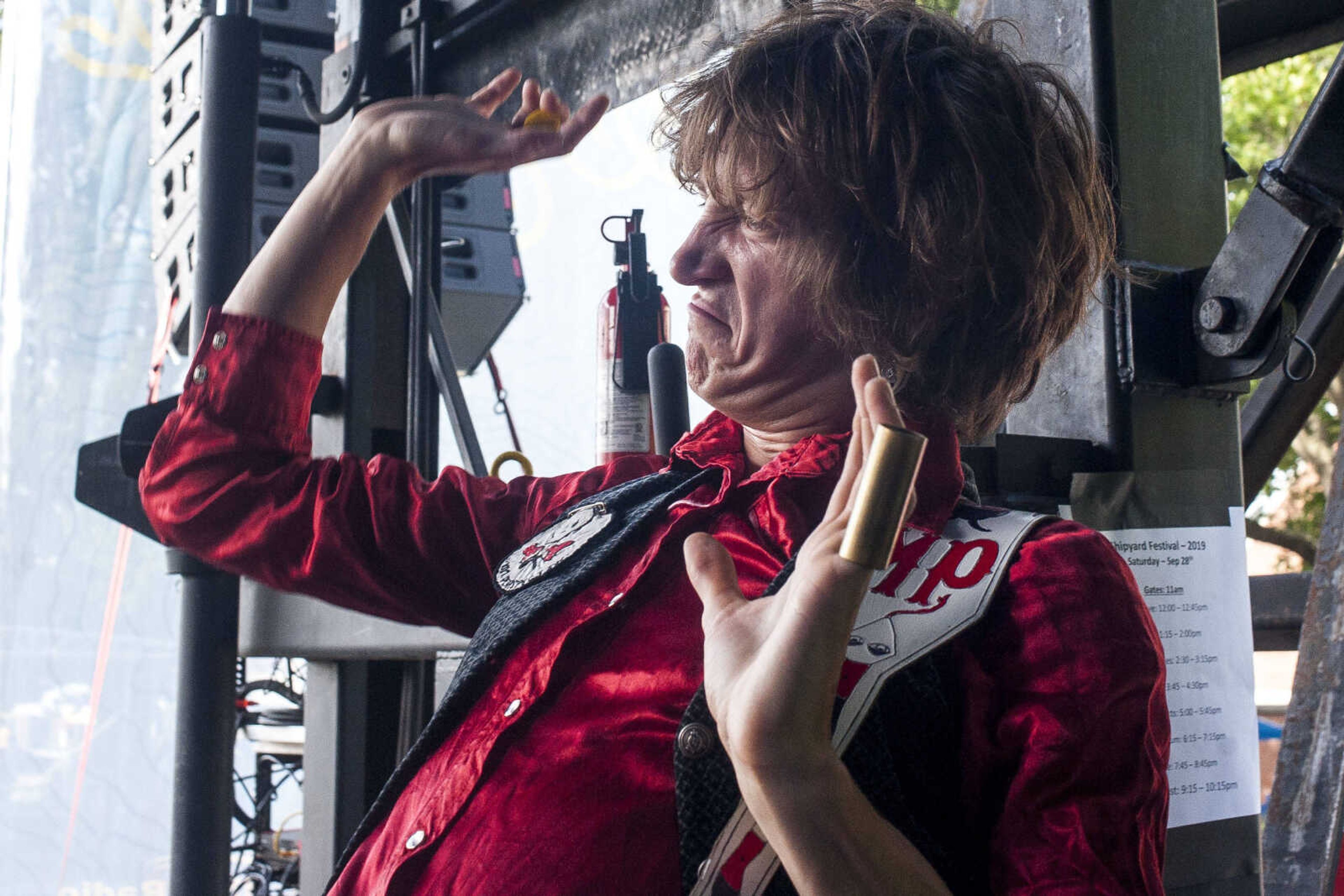 Blackfoot Gypsies guitarist Matthew Paige reacts to his bandmates' playing while onstage during the second-annual Shipyard music festival Saturday, Sept. 28, 2019, at Ivers Square in Cape Girardeau.