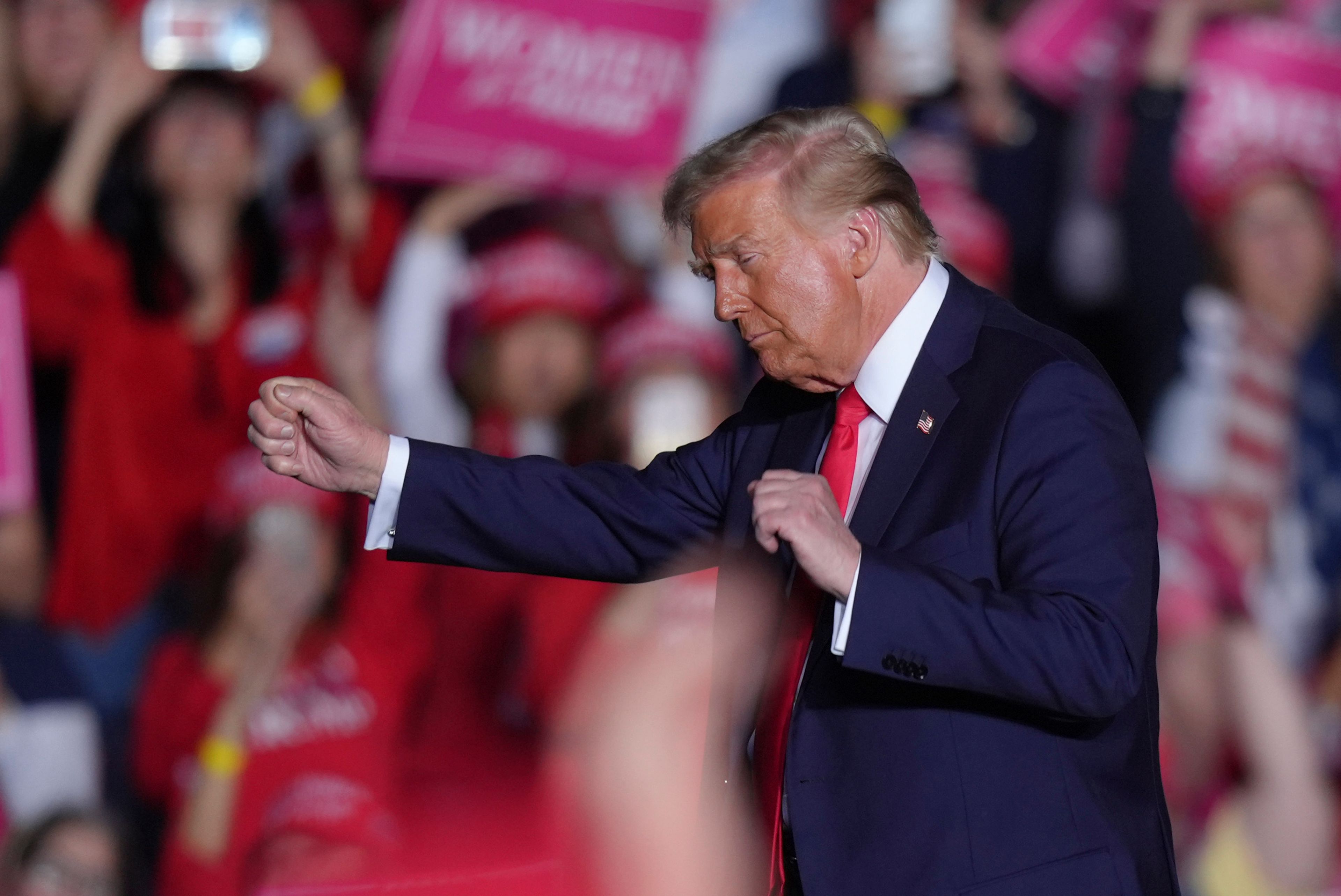 Republican presidential candidate former President Donald Trump dances at a campaign rally, Monday, Nov. 4, 2024, in Reading, Pa. (AP Photo/Chris Szagola)