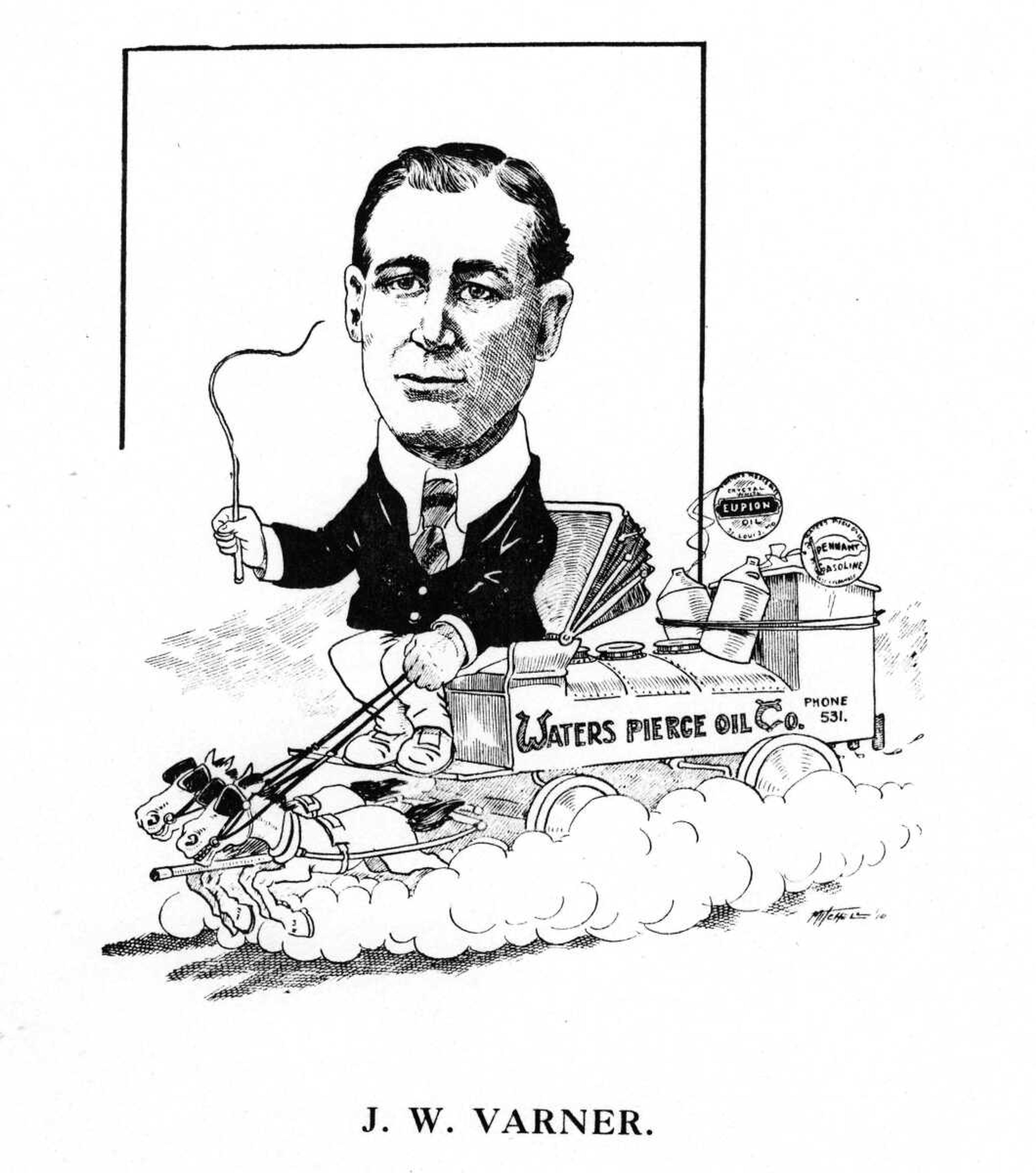 Cape Girardeau has the model oil distributing plant of Southeast Missouri. While the Waters Pierce Oil company has not stood at any expense to make their plant here a complete one, still the credit for it belongs to the local agent, J.W. Varner. Mr. Varner puts in the most of his time seeing that his customers get perfect satisfaction. He has the product to do it, has the facilities for handling his business properly and has the inclination to see that everything goes right. The Waters Pierce Oil company has a valuable man in Mr. Varner and Cape Girardeau merchants get mighty good service and treatment from him.