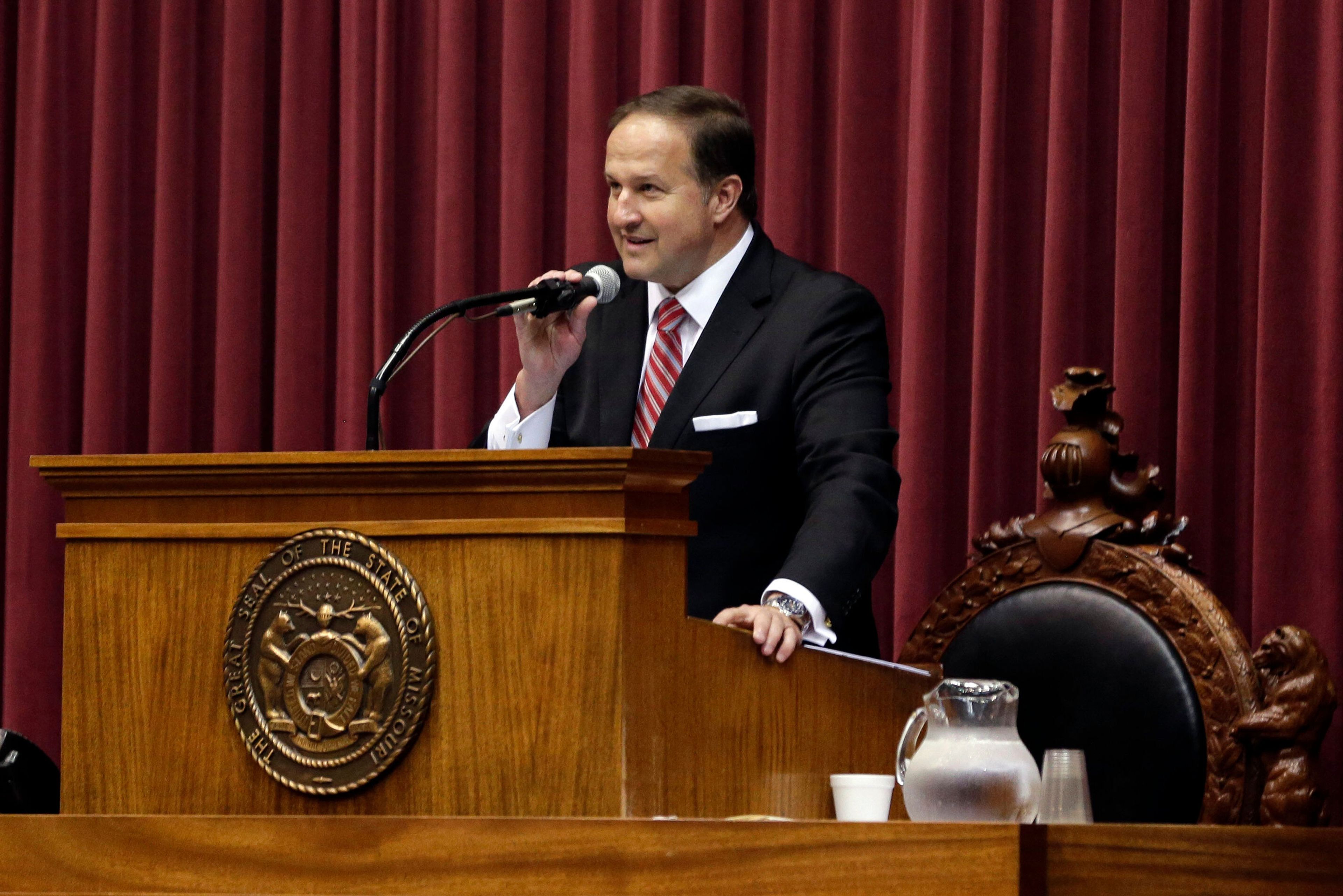FILE - Missouri House Speaker John Diehl addresses the body for the final time, Friday, May 15, 2015, in Jefferson City, Mo. (AP Photo/Jeff Roberson, File)