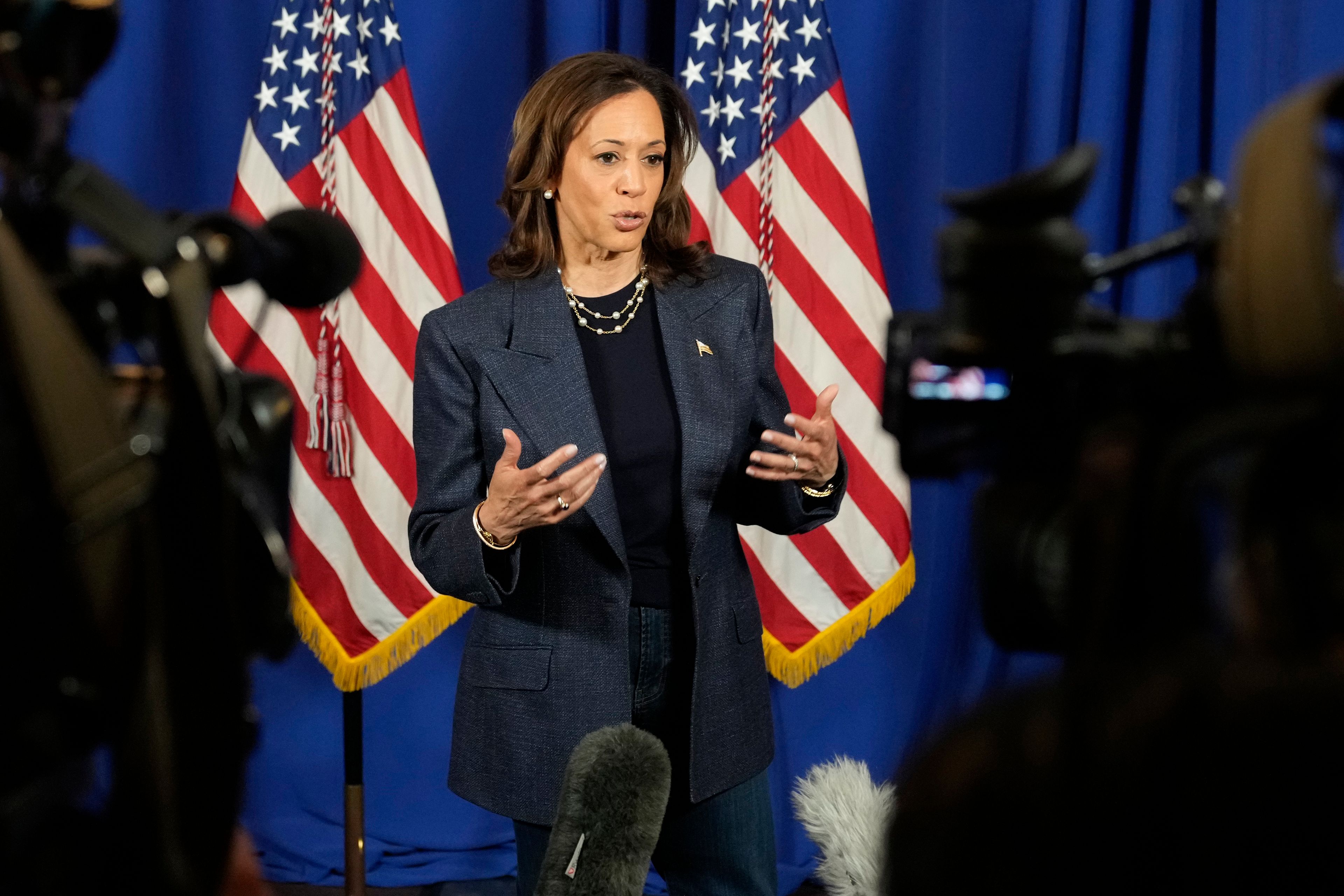 Democratic presidential nominee Vice President Kamala Harris speaks to reporters after delivering remarks at a church service at Greater Emmanuel Institutional Church of God in Christ, Sunday, Nov. 3, 2024, in Detroit. (AP Photo/Jacquelyn Martin)