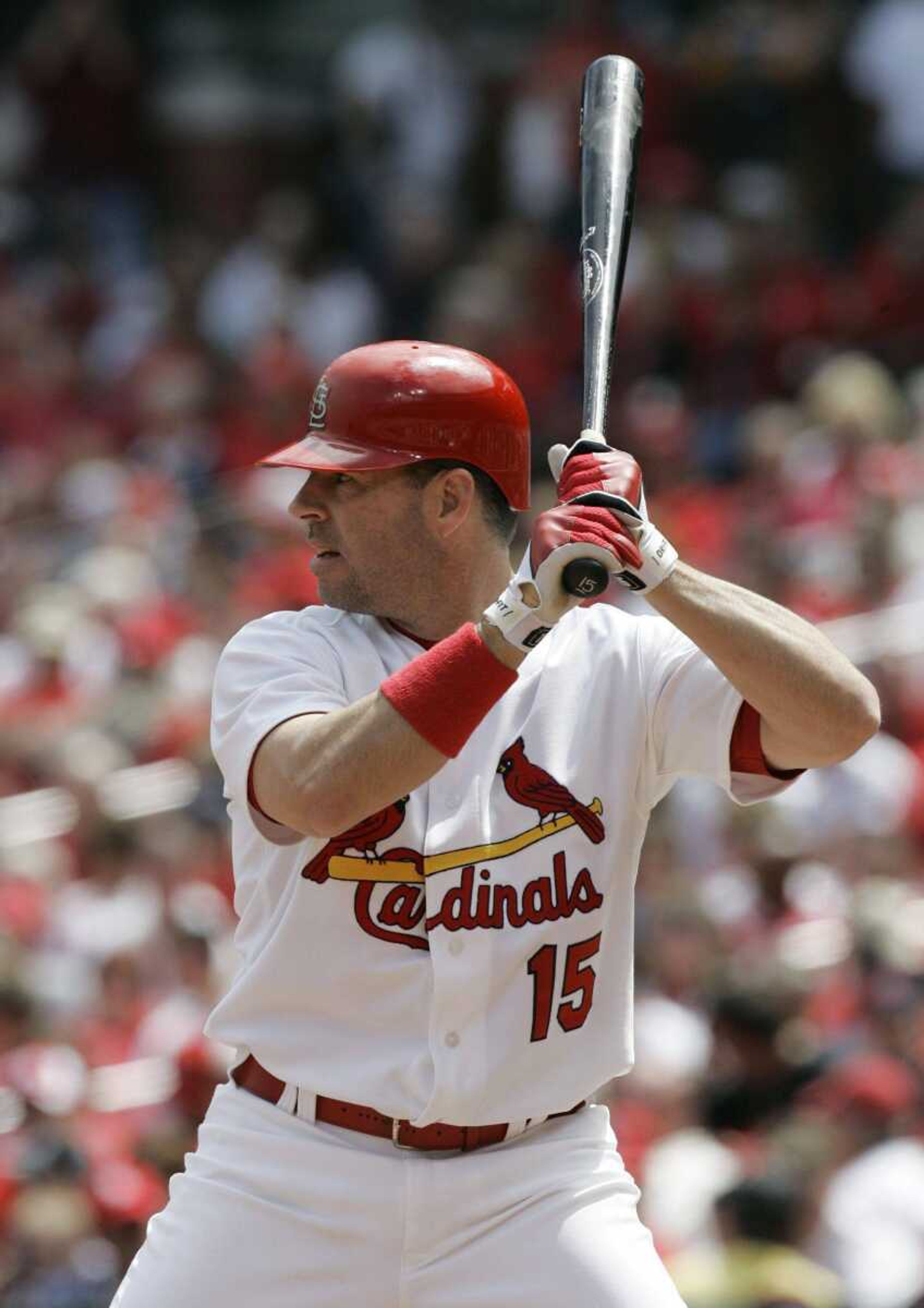 Jim Edmonds bats during the 2007 season, his last with the Cardinals. Edmonds played eight seasons with St. Louis. (Associated Press file)