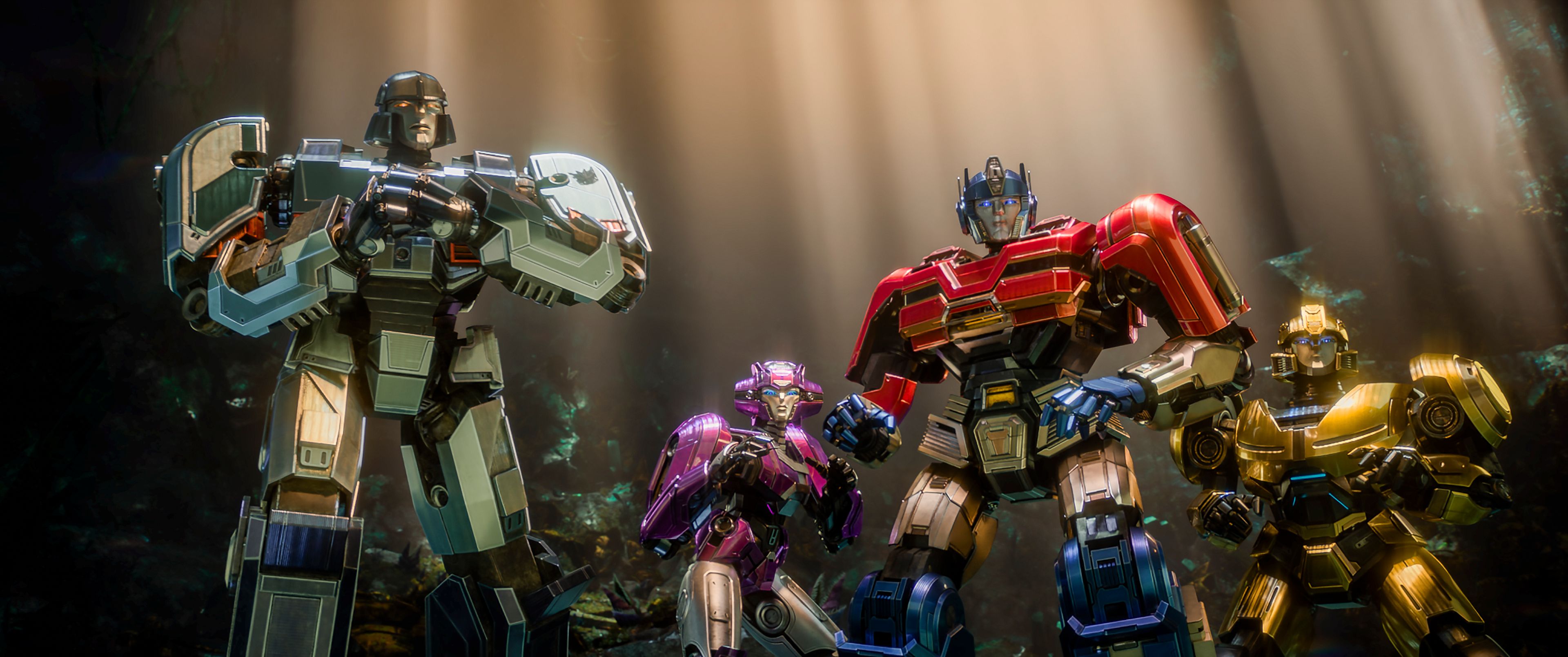 This image released by Paramount Pictures shows characters, from left, D-16/Megatron, voiced by Brian Tyree Henry, Elita-1, voiced by Scarlett Johansson, Orion Pax/Optimus Prime, voiced by Chris Hemsworth, and B-127, voiced by Keegan-Michael Key, in a scene from "Transformers One." (Paramount Pictures via AP)