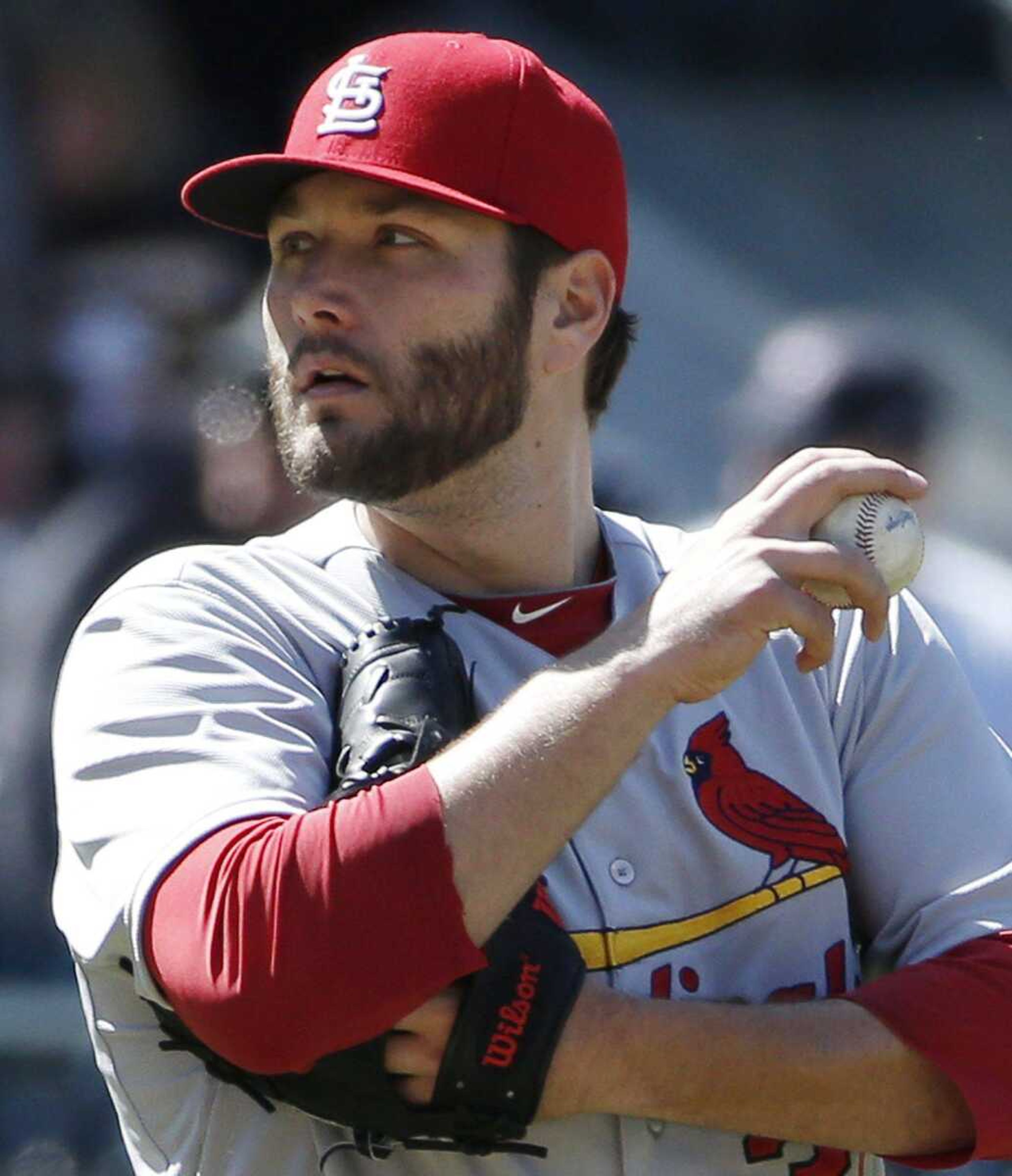 Cardinals starting pitcher Lance Lynn pauses after allowing an RBI double to the Mets&#8217; Daniel Murphy during the sixth inning. Lynn, who had been 12-0 through April in his big league career, fell to 4-1 on the season as the Cardinals lost 4-1.