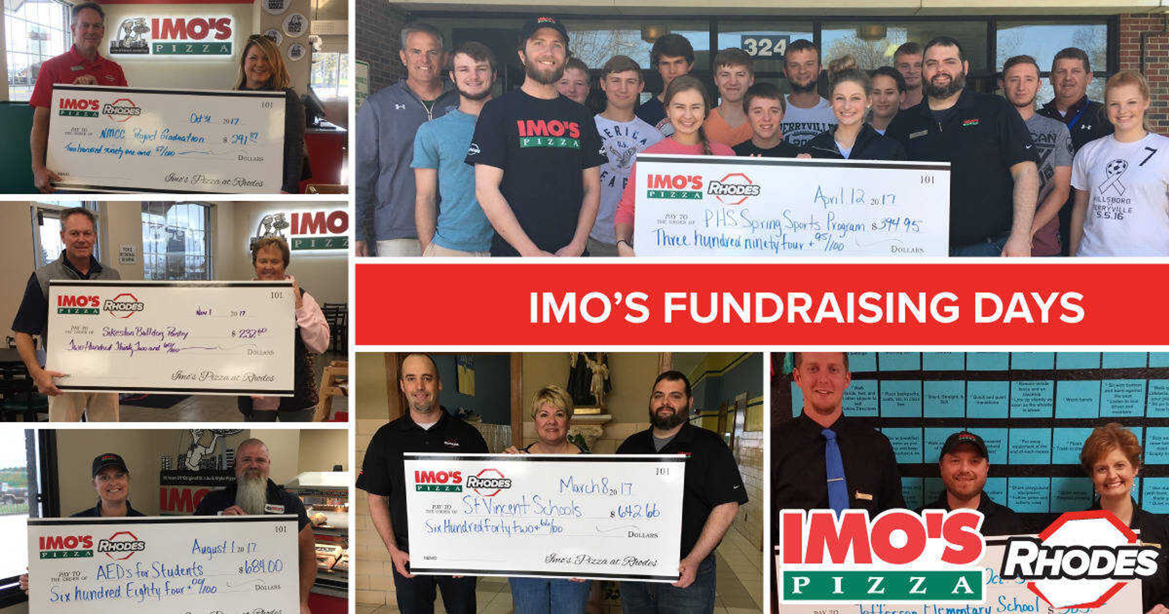 Imo's Pizza and Rhodes raised more than $13,000 to help local schools and organizations in Perryville, Cape Girardeau, Scott City and Sikeston from March through December 2017.