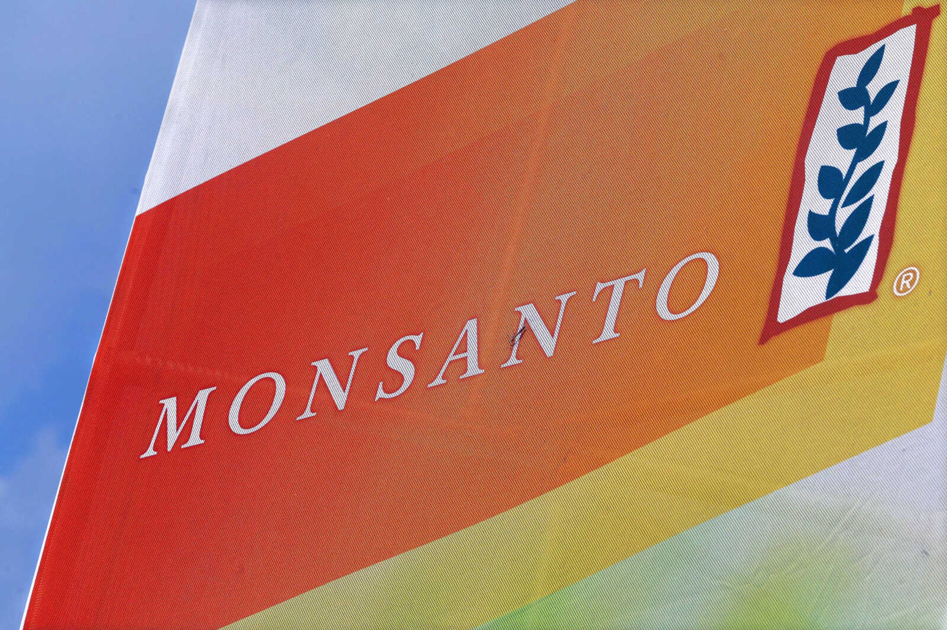 The Monsanto logo is seen on display at the Farm Progress Show on Aug. 31, 2015, in Decatur, Illinois.