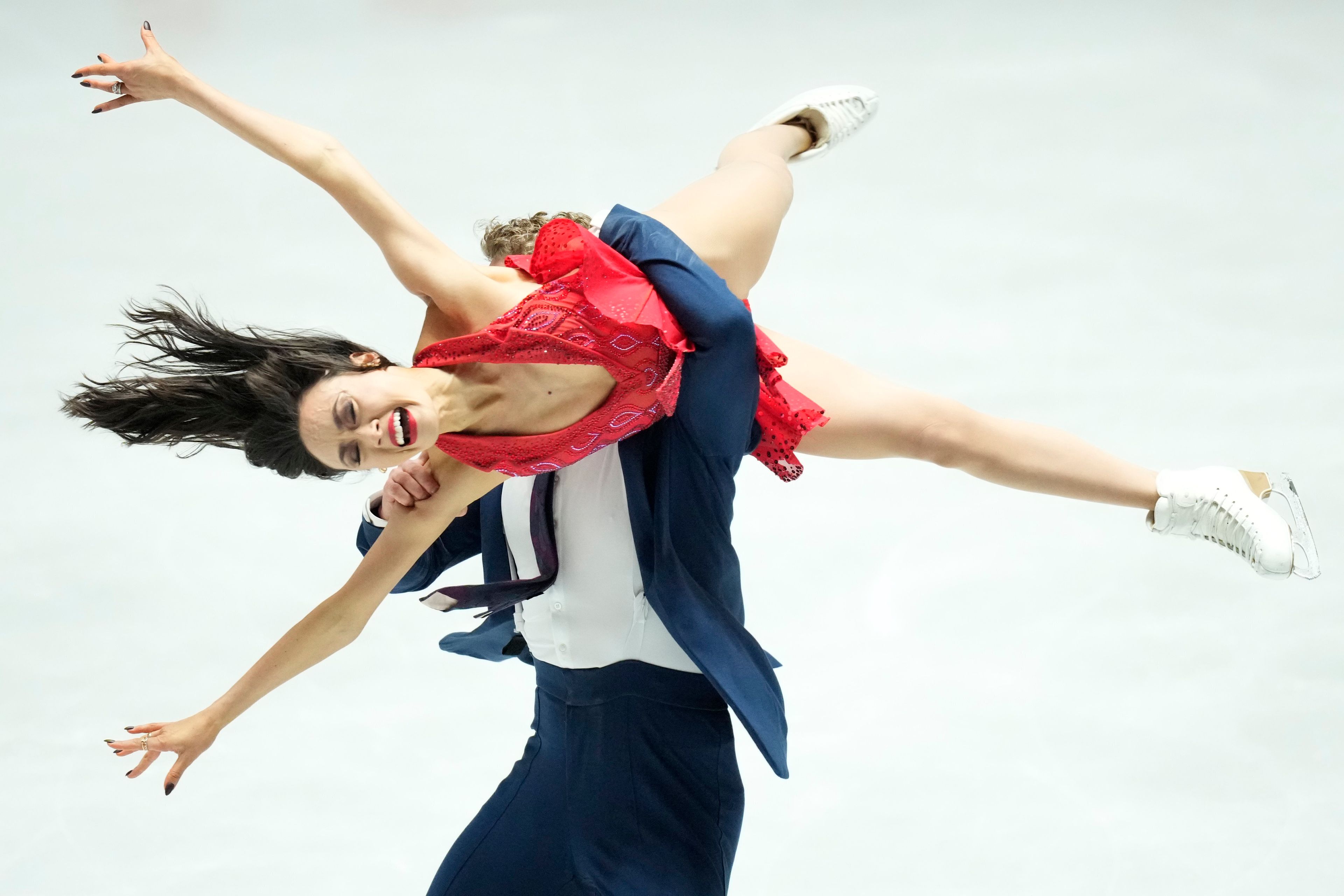 Madison Chock and Evan Bates of the U.S. compete in the ice dance rhythm dance program at the Grand Prix of Figure Skating series competition in Tokyo, Japan, Friday, Nov. 8, 2024. (AP Photo/Hiro Komae)