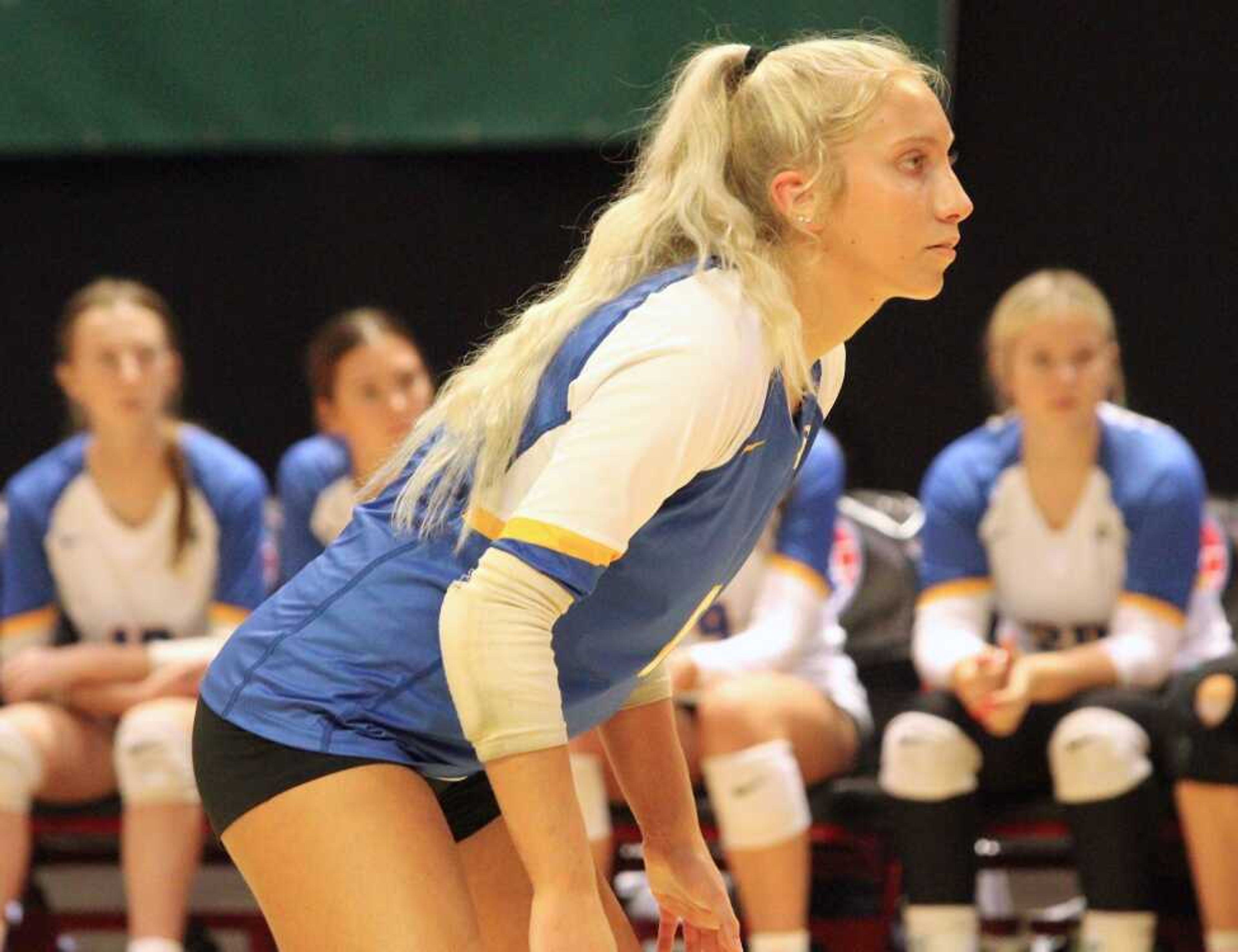 St. Vincent’s Brie Rubel watches the ball during the Class 2 state third-place game between the Indians and Hermann on Saturday, Nov. 9, at the Show Me Center in Cape Girardeau.