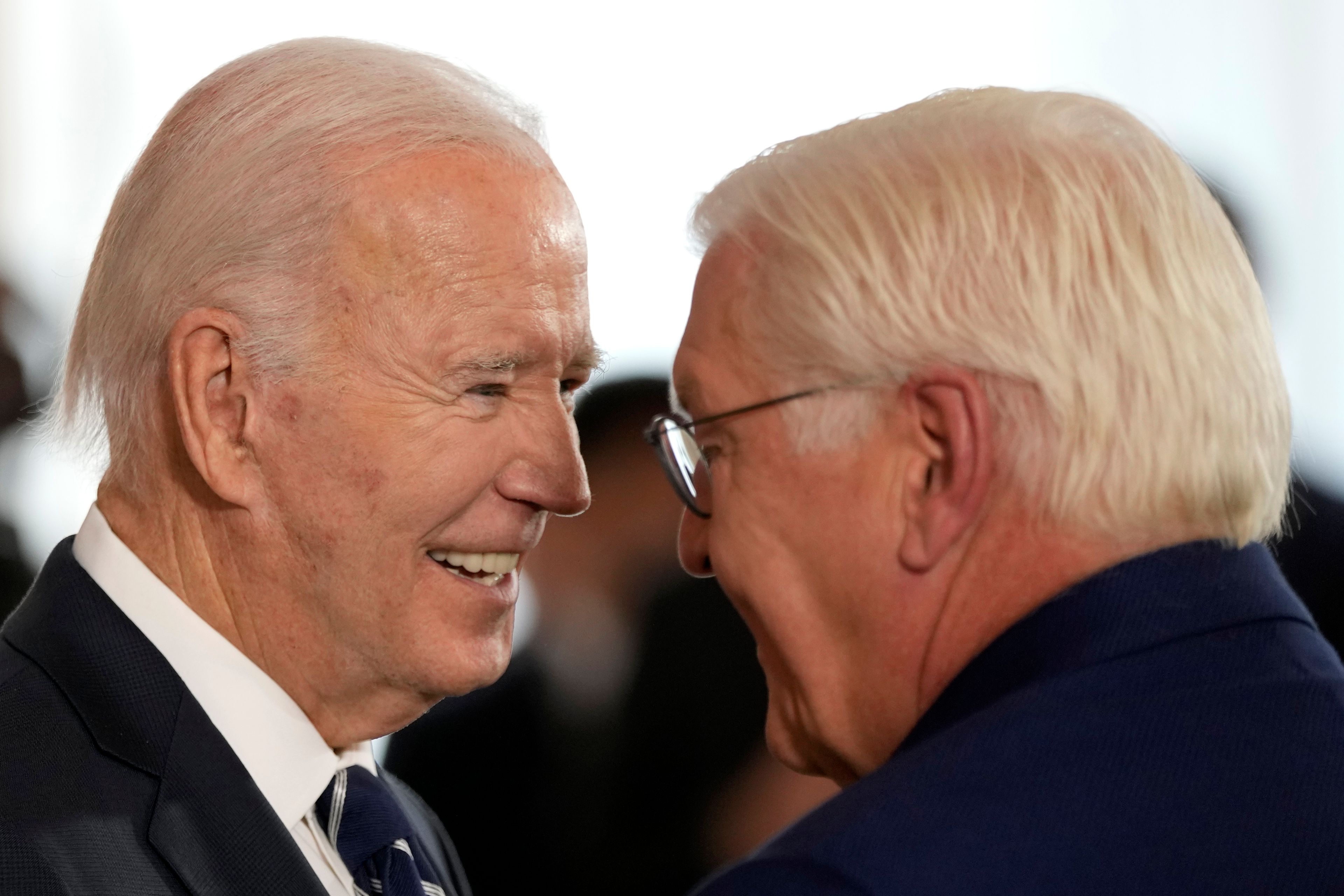 President Joe Biden talks with German President Frank-Walter Steinmeier after receiving Germany's Grand Cross special class of the Order of Merit at Bellevue Palace in Berlin, Germany, Friday, Oct. 18, 2024. (AP Photo/Ben Curtis)