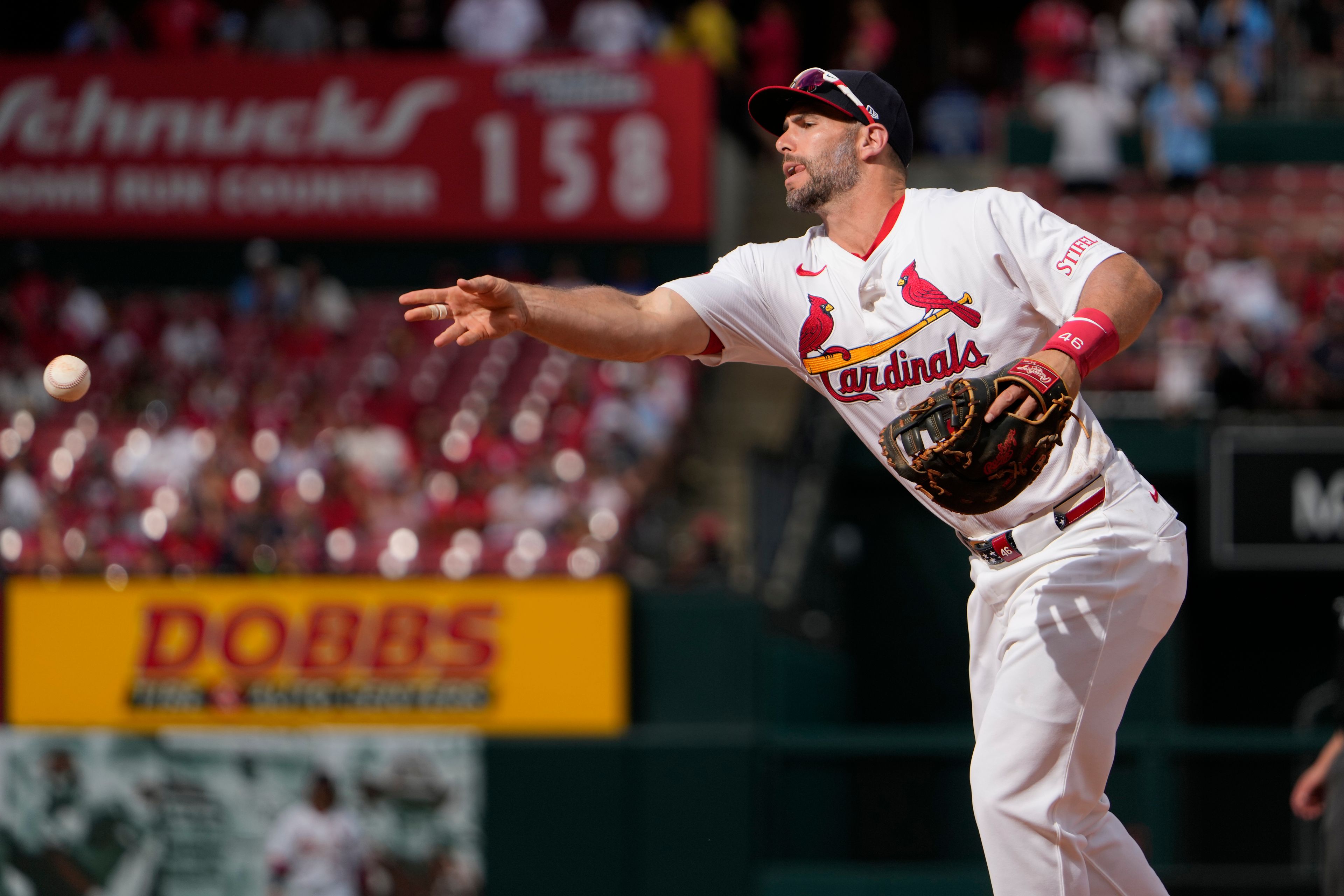 St. Louis Cardinals first baseman Paul Goldschmidt throws out Cleveland Guardians' Daniel Schneemann at first during the ninth inning of a baseball game Sunday, Sept. 22, 2024, in St. Louis. (AP Photo/Jeff Roberson)