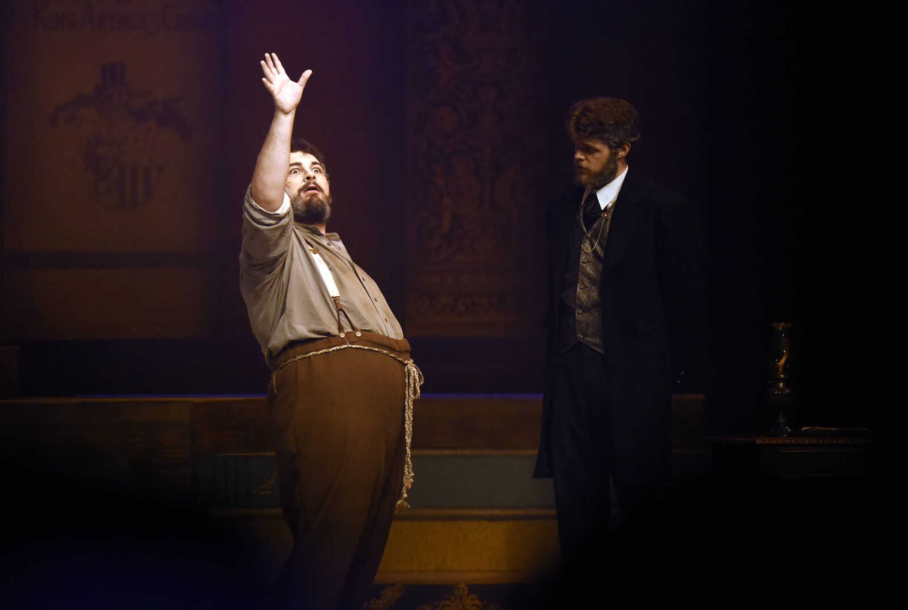 Pap Finn, played by Nicholas, left, has words for Judge Thatcher, played by Vince Bartola, during The Conservatory of Theatre and Dance's production of "Big River: The Adventures of Huckleberry Finn" on Wednesday, Feb. 22, 2017, at Southeast Missouri State University's River Campus. The show runs through Sunday.