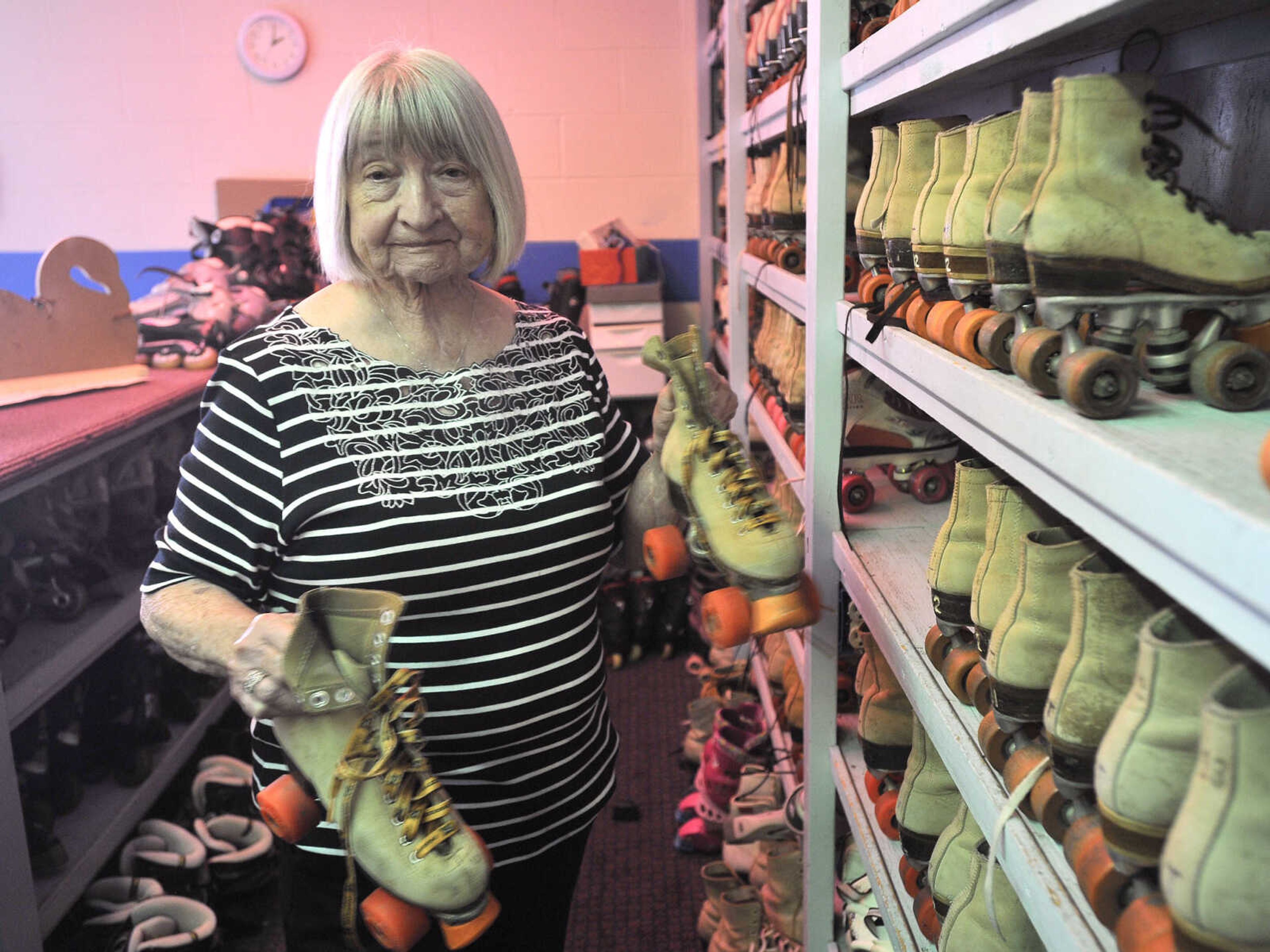 FRED LYNCH ~ flynch@semissourian.com
Roberta Grojean selects a pair of roller skates for a customer Sunday, Aug. 12, 2018 at Willow Grove Roller Rink in Chaffee, Missouri.