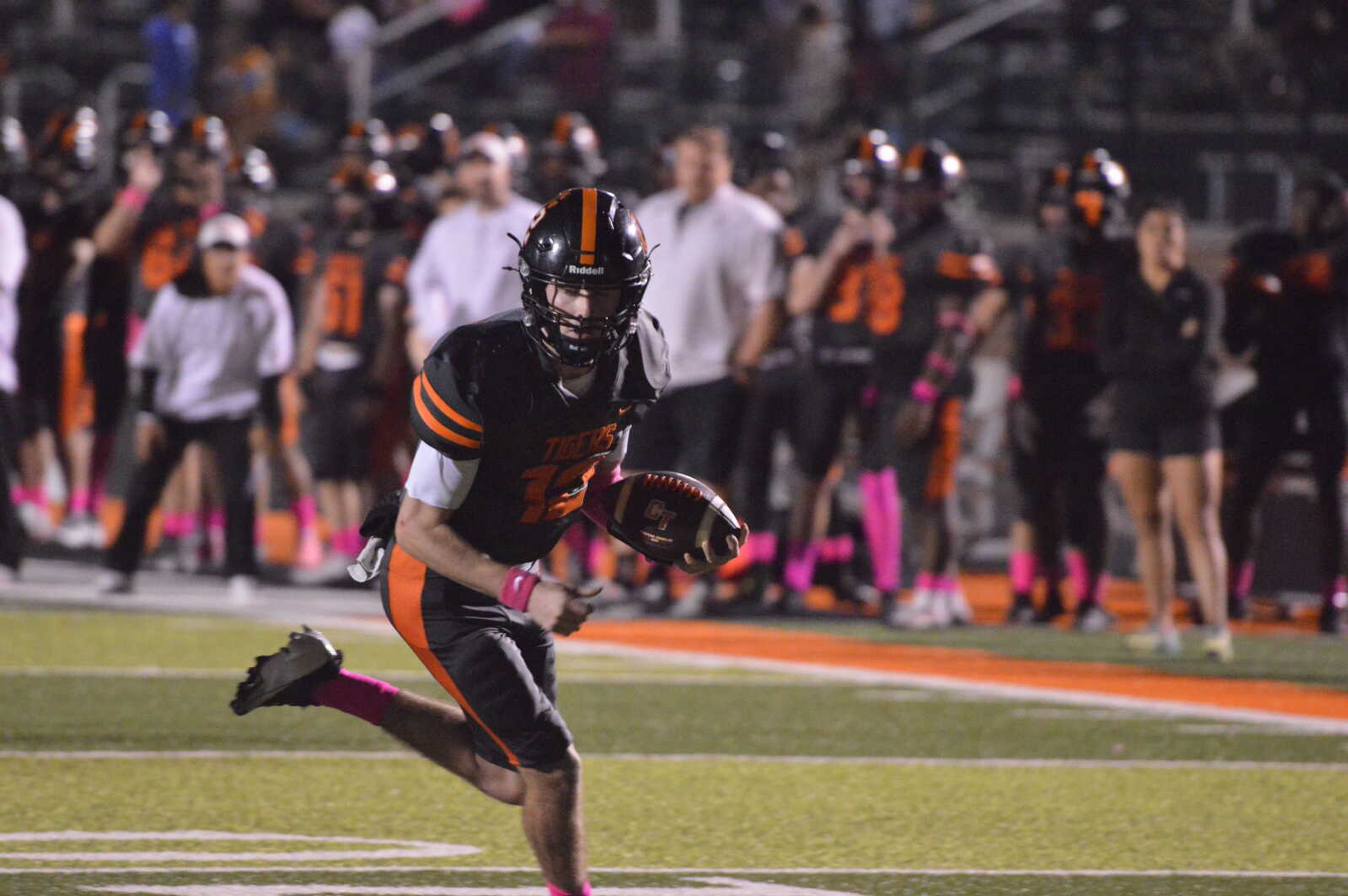 Cape Central quarterback Deklin Pittman scampers into the end zone for a rushing touchdown against Kennett on Friday, Oct. 25.