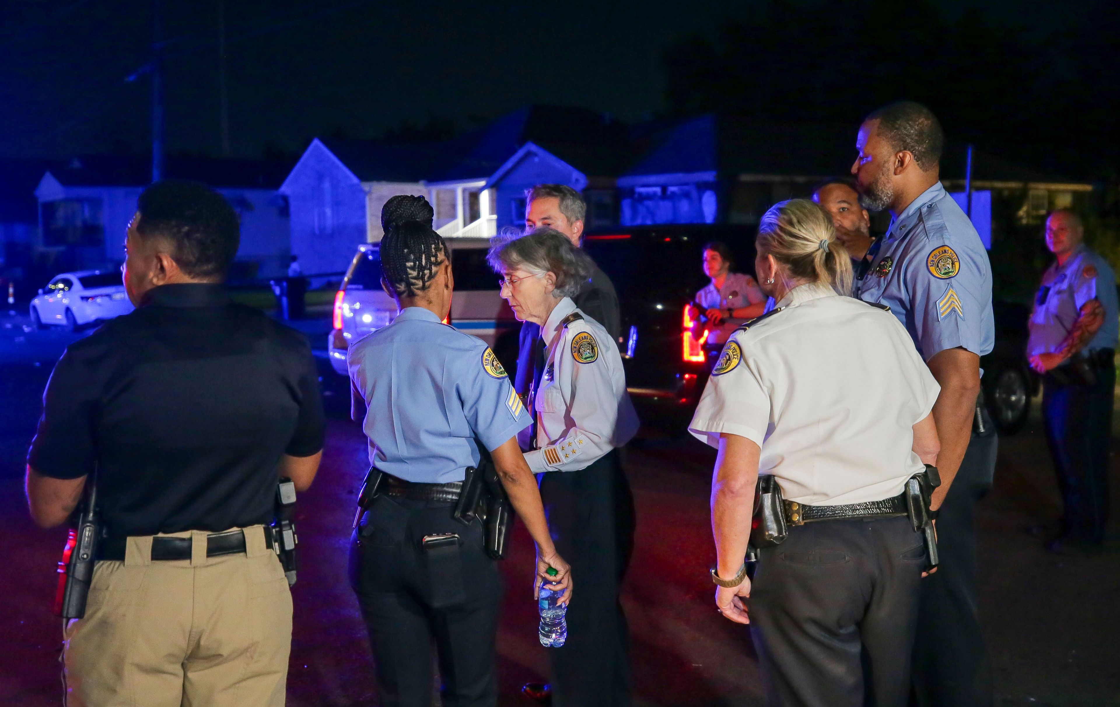 New Orleans Police Superintendent Anne Kirkpatrick, center, meets with officers after several people were killed and injured in a shooting in New Orleans Sunday Nov. 17, 2024. (David Grunfeld/The Times-Picayune/The New Orleans Advocate via AP)