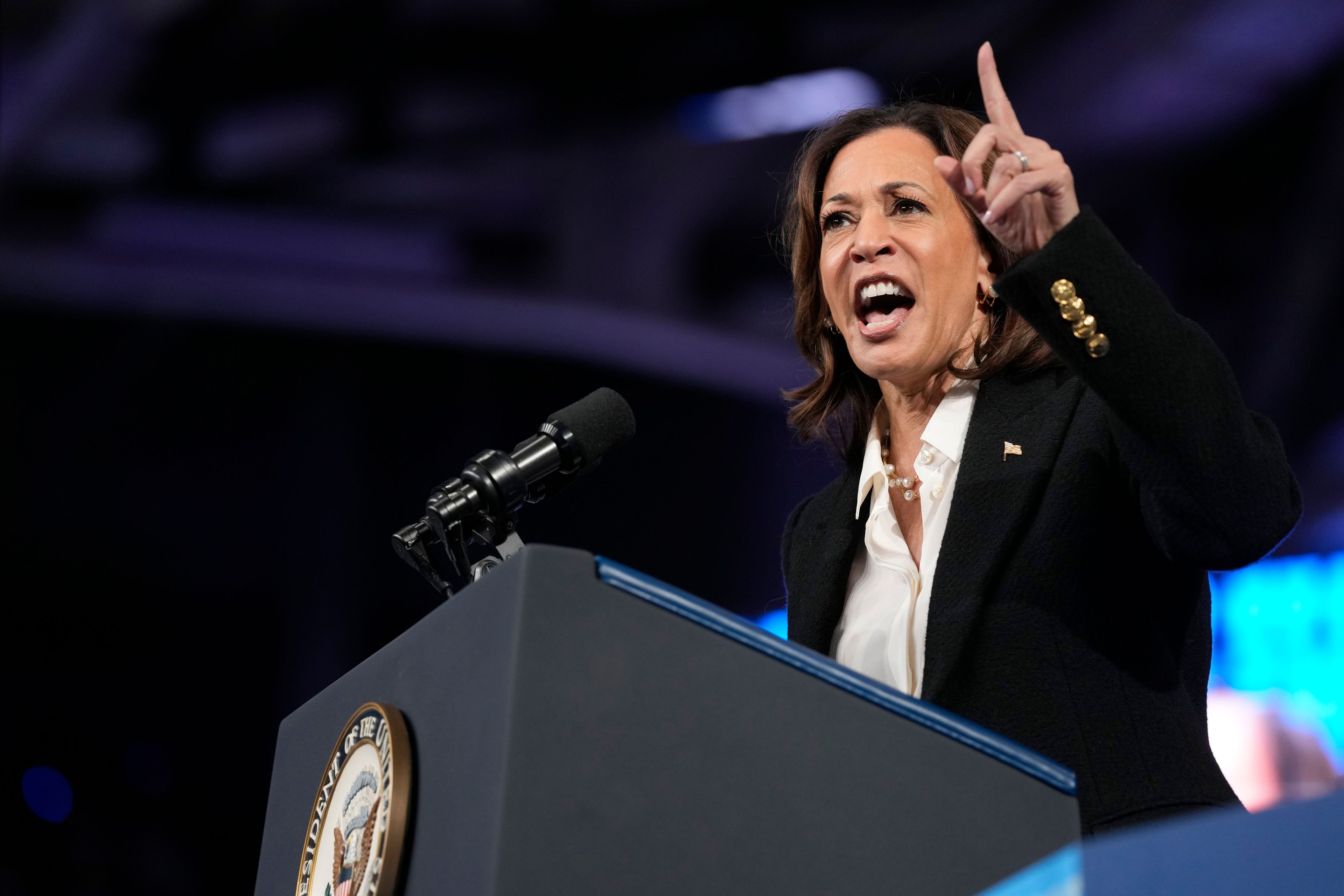 Democratic presidential nominee Vice President Kamala Harris speaks at a campaign rally at East Carolina University in Greenville, N.C., Sunday, Oct. 12, 2024. (AP Photo/Susan Walsh)