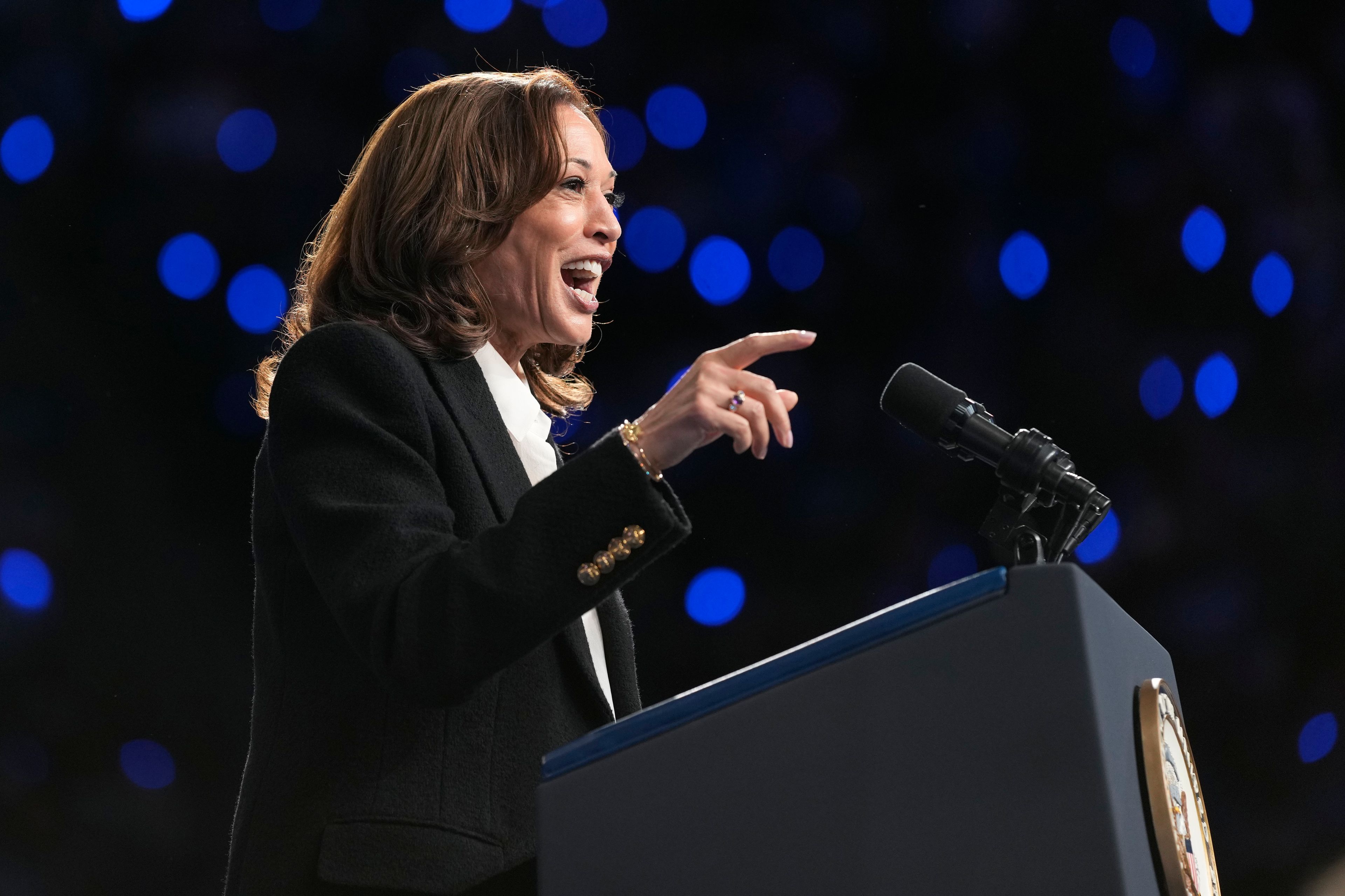 Democratic presidential nominee Vice President Kamala Harris speaks at a campaign rally at East Carolina University in Greenville, N.C., Sunday, Oct. 13, 2024. (AP Photo/Susan Walsh)