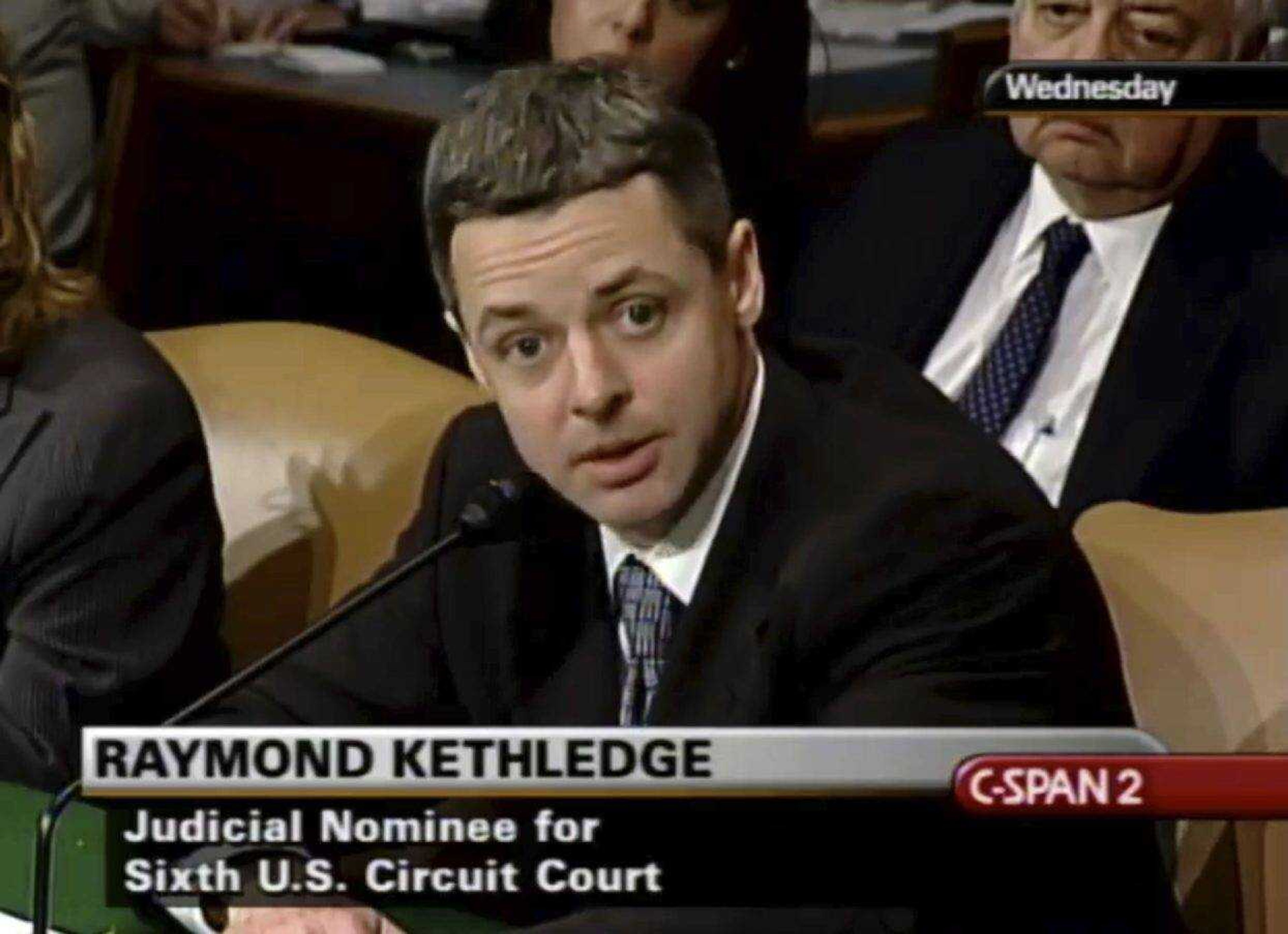 In this image from video, Raymond Kethledge testifies May 7, 2008, during his confirmation hearing for the Sixth U.S. Circuit Court on Capitol Hill in Washington.