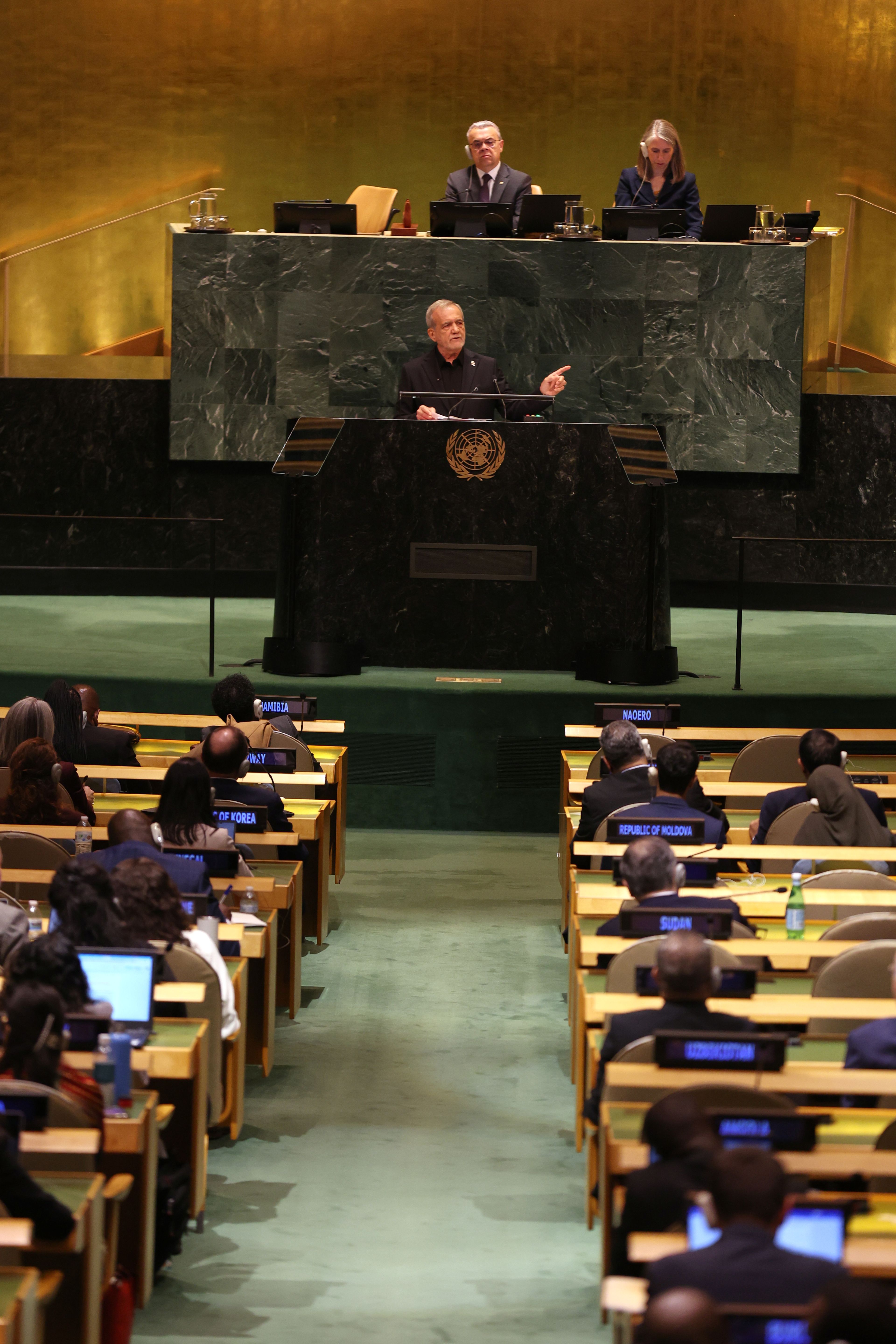 Iran's President Masoud Pezeshkian speaks during the 81st session of the United Nations General Assembly at United Nations headquarters, Wednesday, Sept. 23, 2026. (AP Photo/Heather Khalifa)