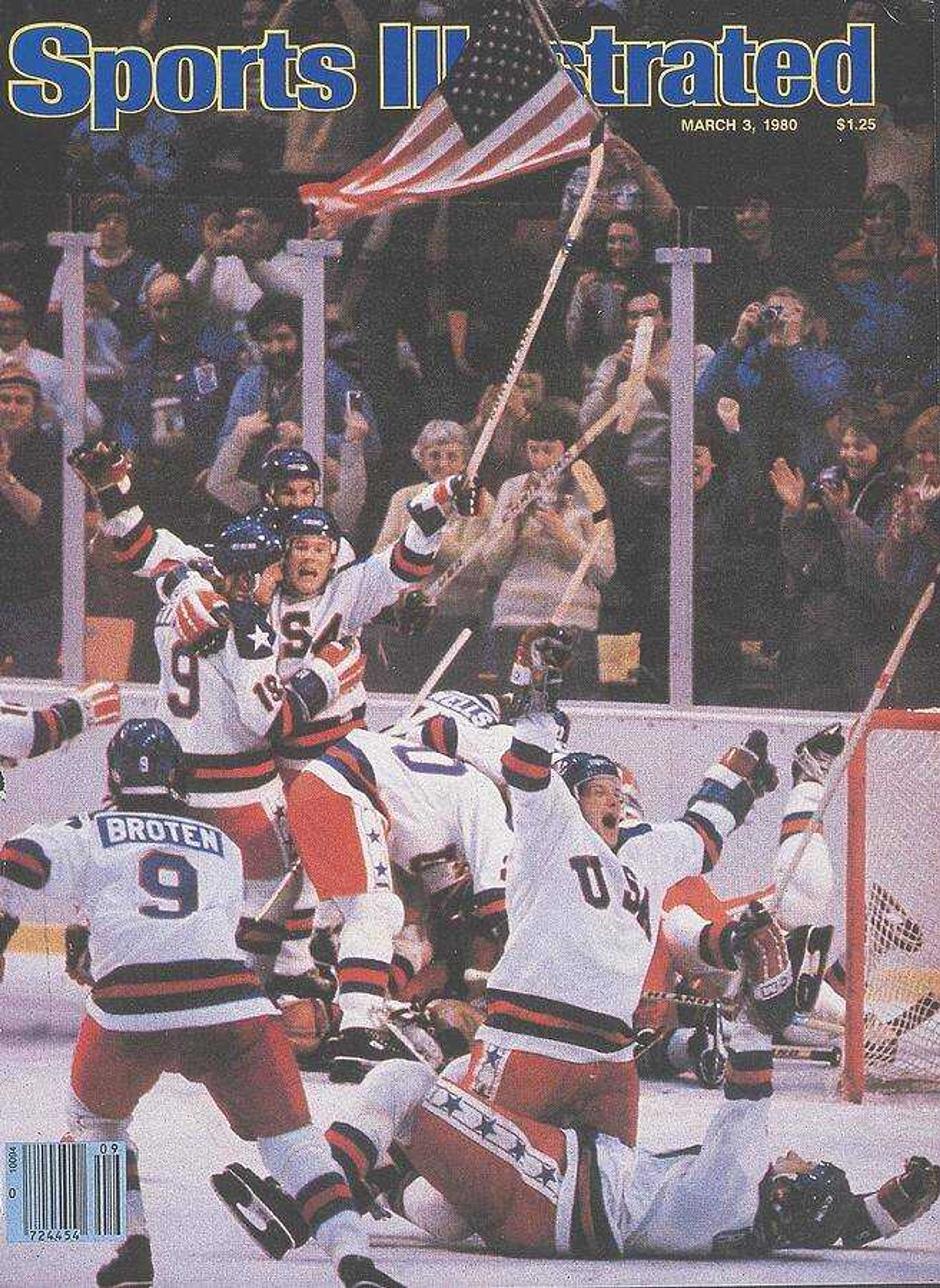 The 1980 United States Olympic Hockey Team celebrates beating Russia in an Olympic semifinal in Lake Placid, New York and is captured on the cover of Sports Illustrated magazine in February of 1980.