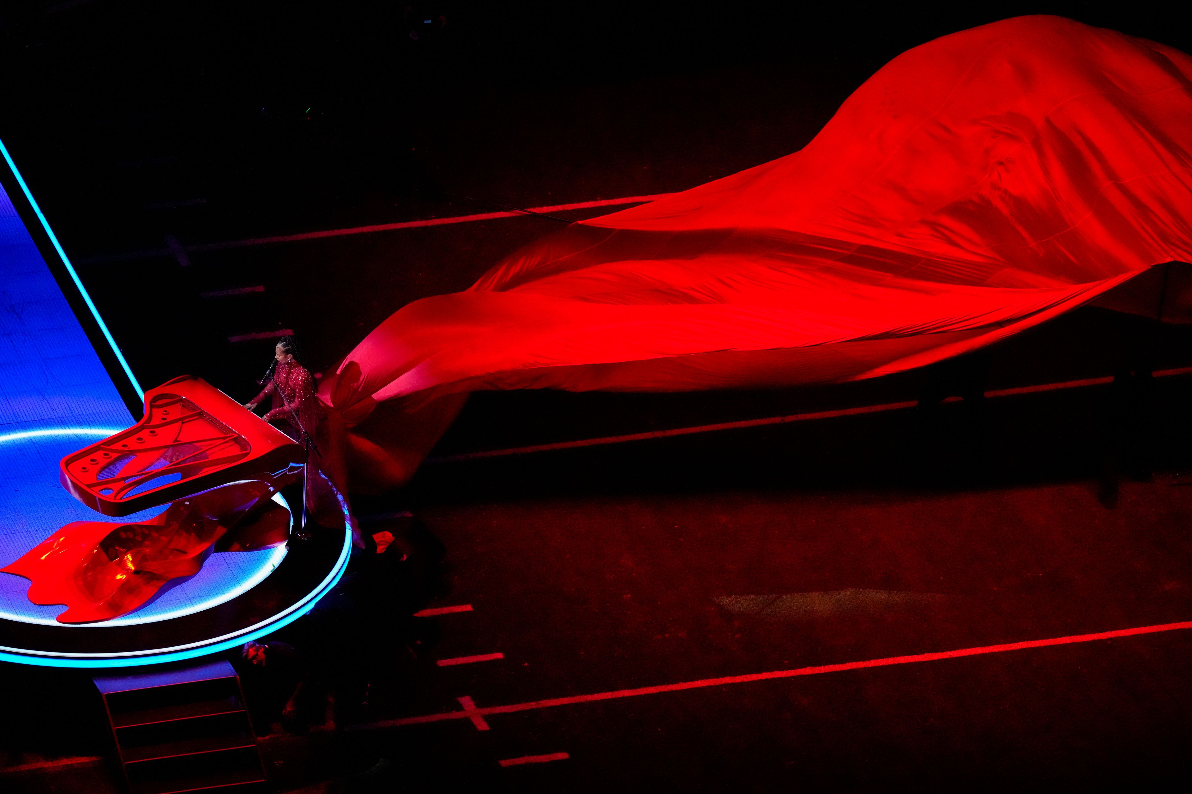 Alicia Keys performs during halftime of the NFL Super Bowl 58 football game between the San Francisco 49ers and the Kansas City Chiefs on Feb. 11, 2024, in Las Vegas. (AP Photo/David J. Phillip)