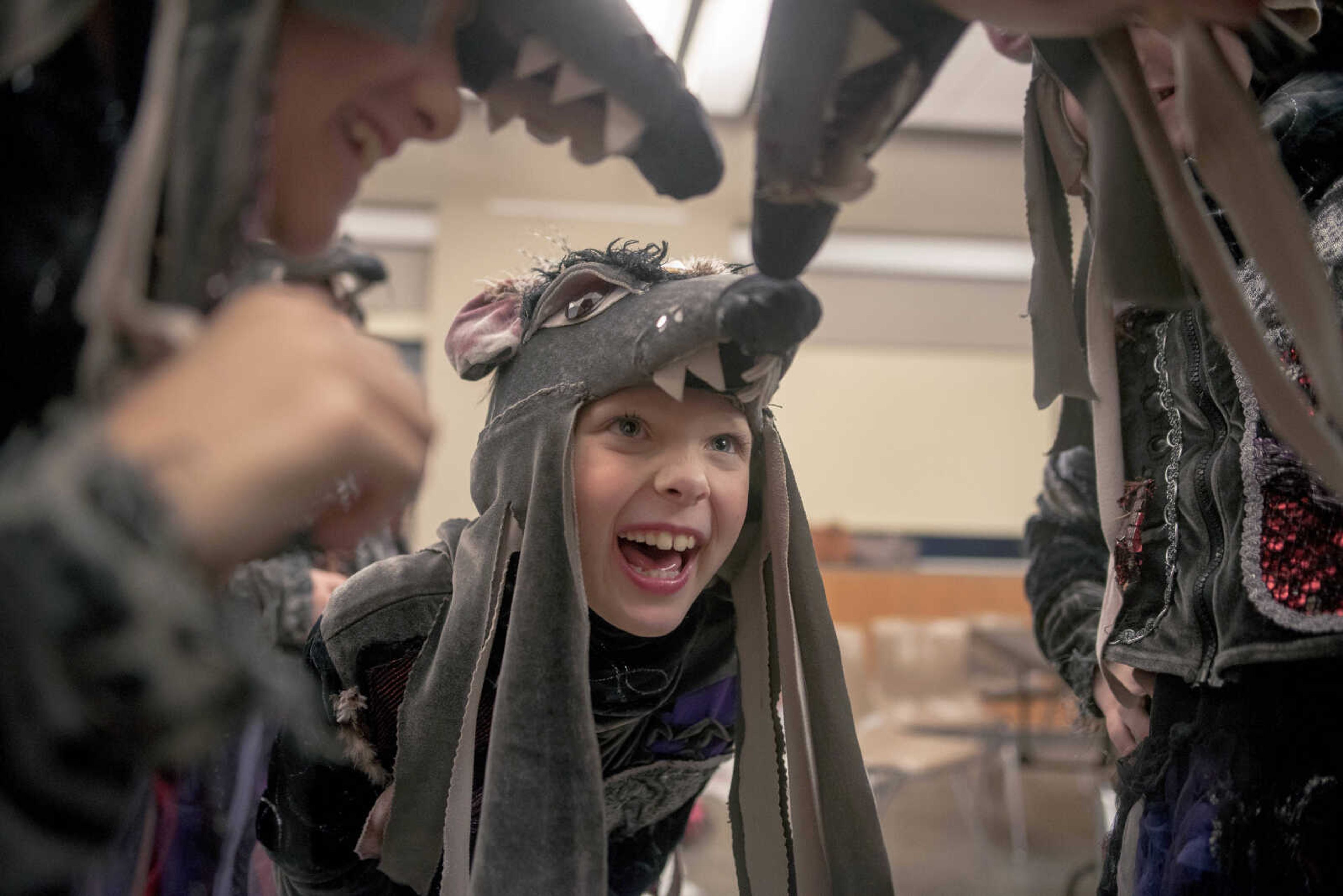 Ada Buersmeyer, dressed in a mouse costume, laughs backstage while playing with other dancers portraying mice before performing with the Moscow Ballet on Tuesday, Dec. 10, 2019, at the Southeast Missouri State University River Campus in Cape Girardeau.