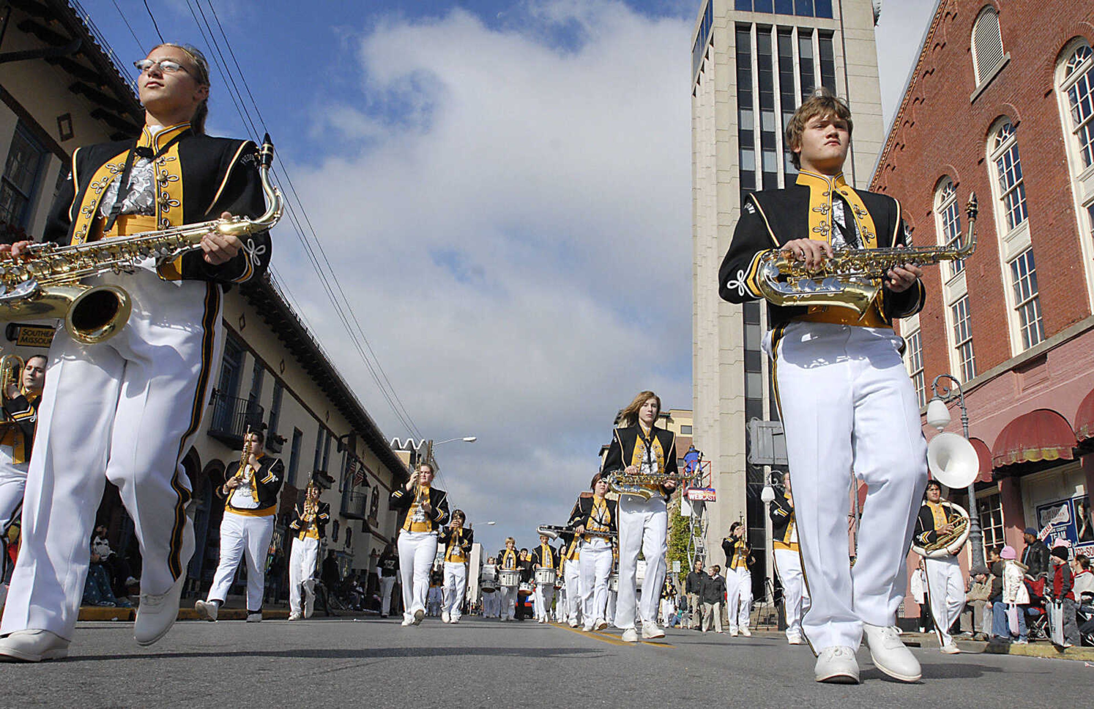 KIT DOYLE ~ kdoyle@semissourian.com
The Fredericktown marching band moves east Saturday morning, October 10, 2009, during the Southeast Missouri State Homecoming parade along Broadway in Cape Girardeau.