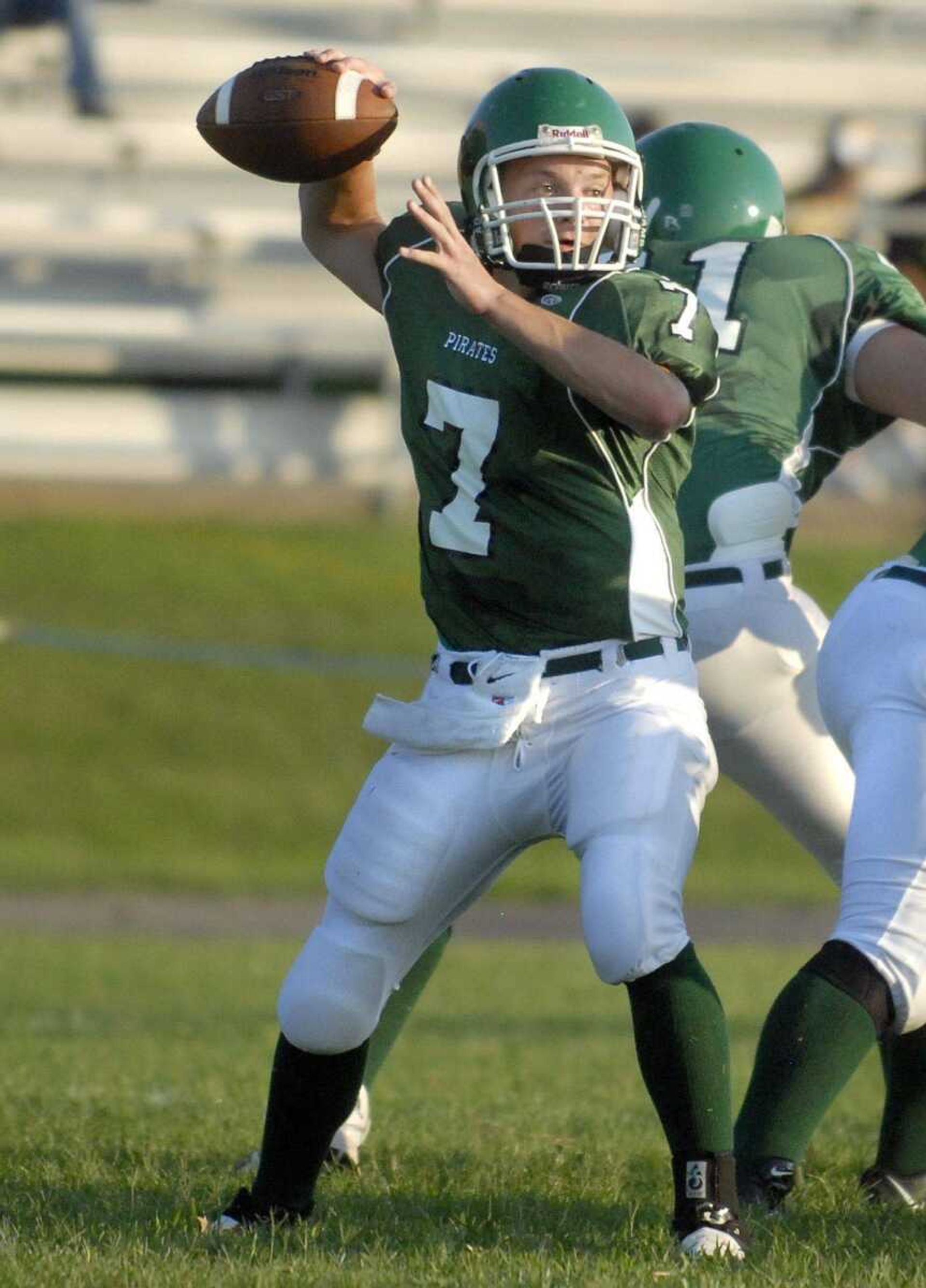 Perryville's Chris Zahner looks for an opening Friday, August 19, 2011 as Scott City High School hosts Perryville and St. Vincent's during the 2011 high school football jamboree. (Laura Simon)