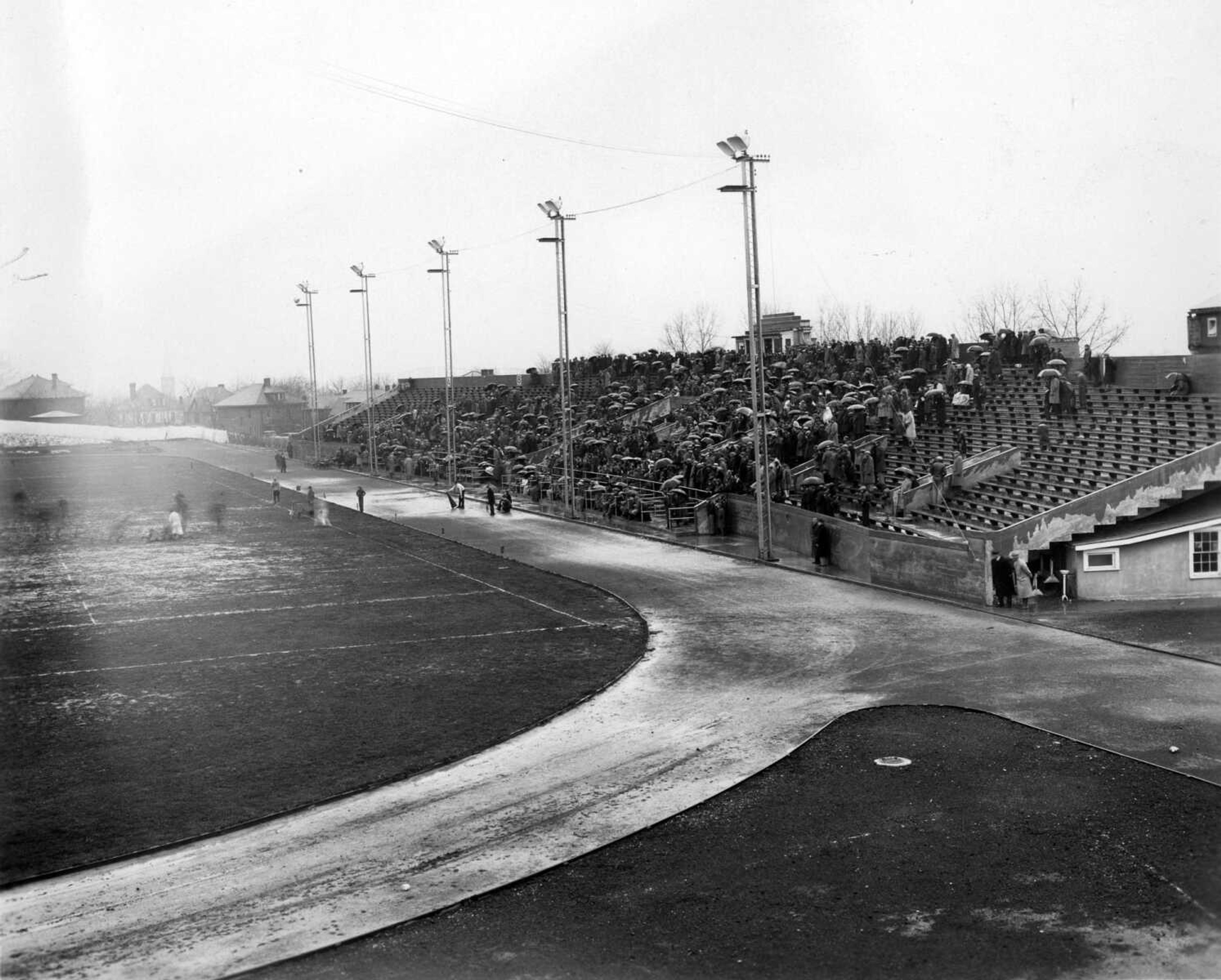 Houck Stadium, possibly during rainy football game, undated.