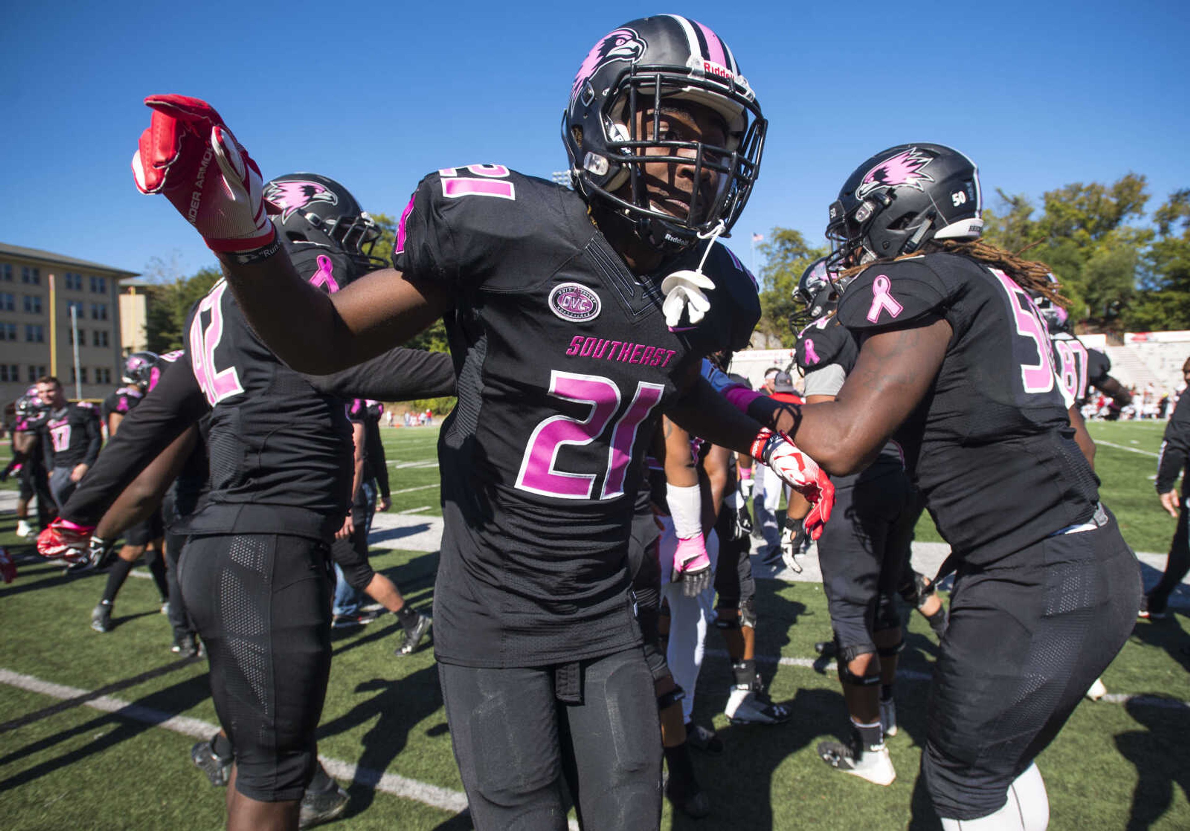 Southeast Missouri State defensive back Taj Jenkins (21) dances with teammates Warren Byrd (42) and Clarence Thornton (50) during a conference game against Jacksonville State on Saturday, Oct. 20, 2018, at Houck Stadium in Cape Girardeau.